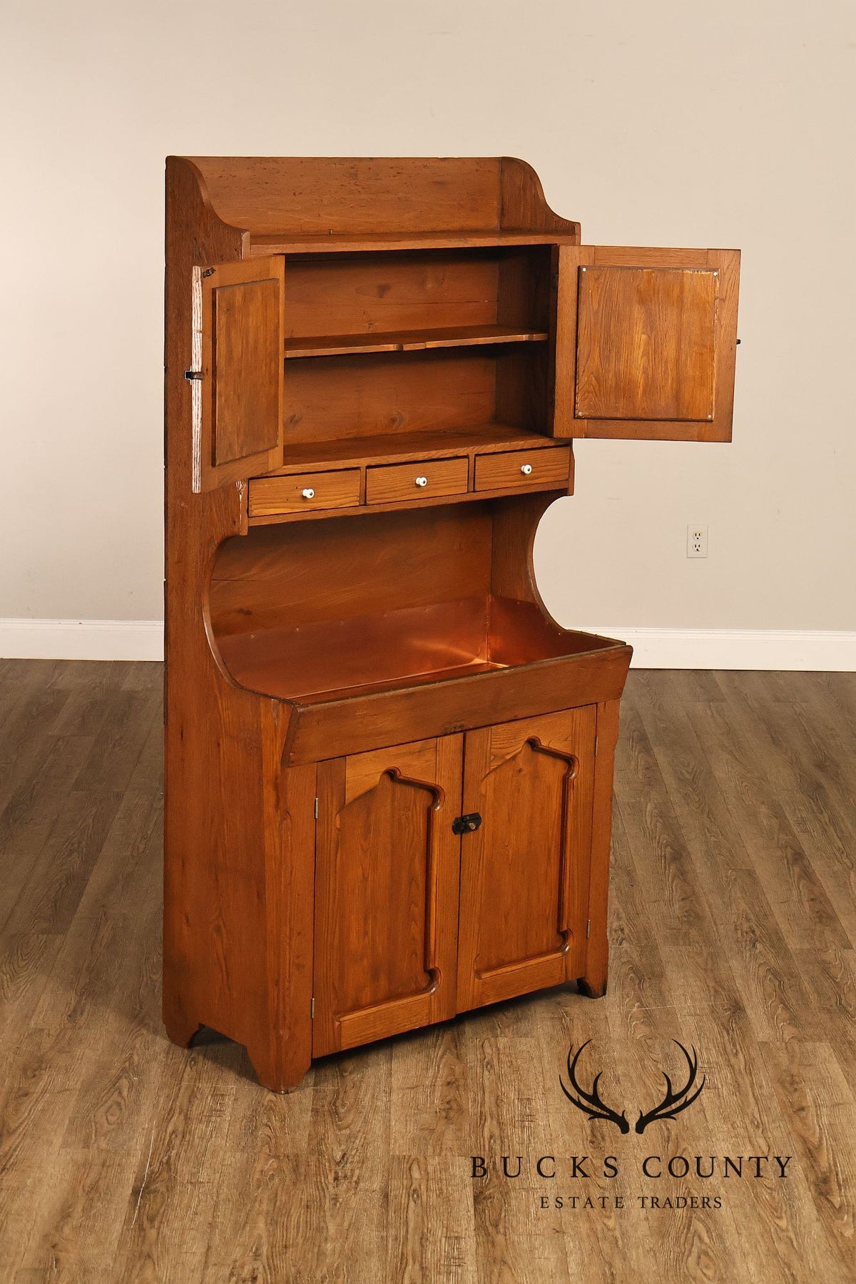 Antique Pine Dry Sink Hutch With Copper Lined Basin