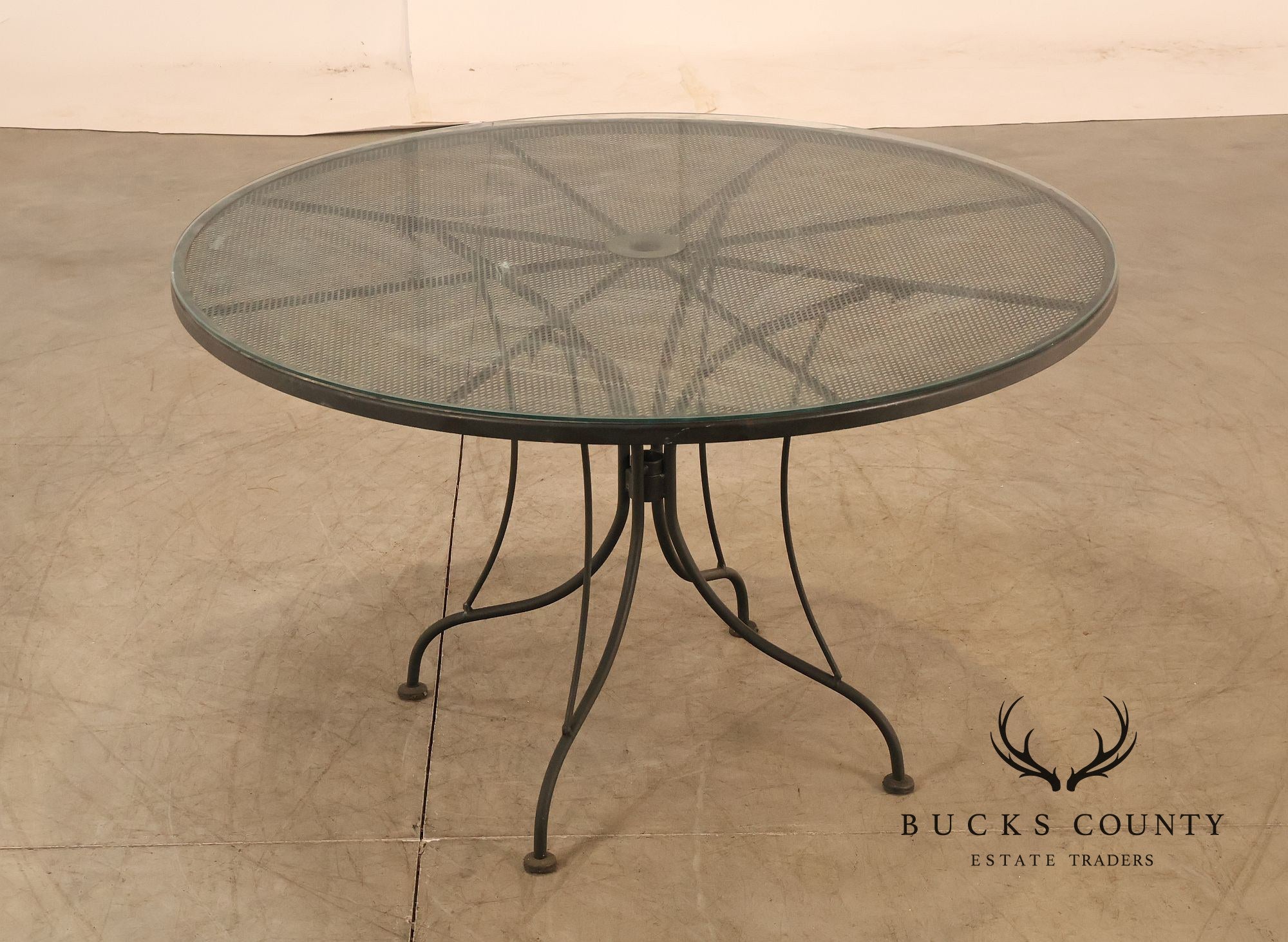 Vintage Round Glass Top Wrought Iron Outdoor Patio Dining Table