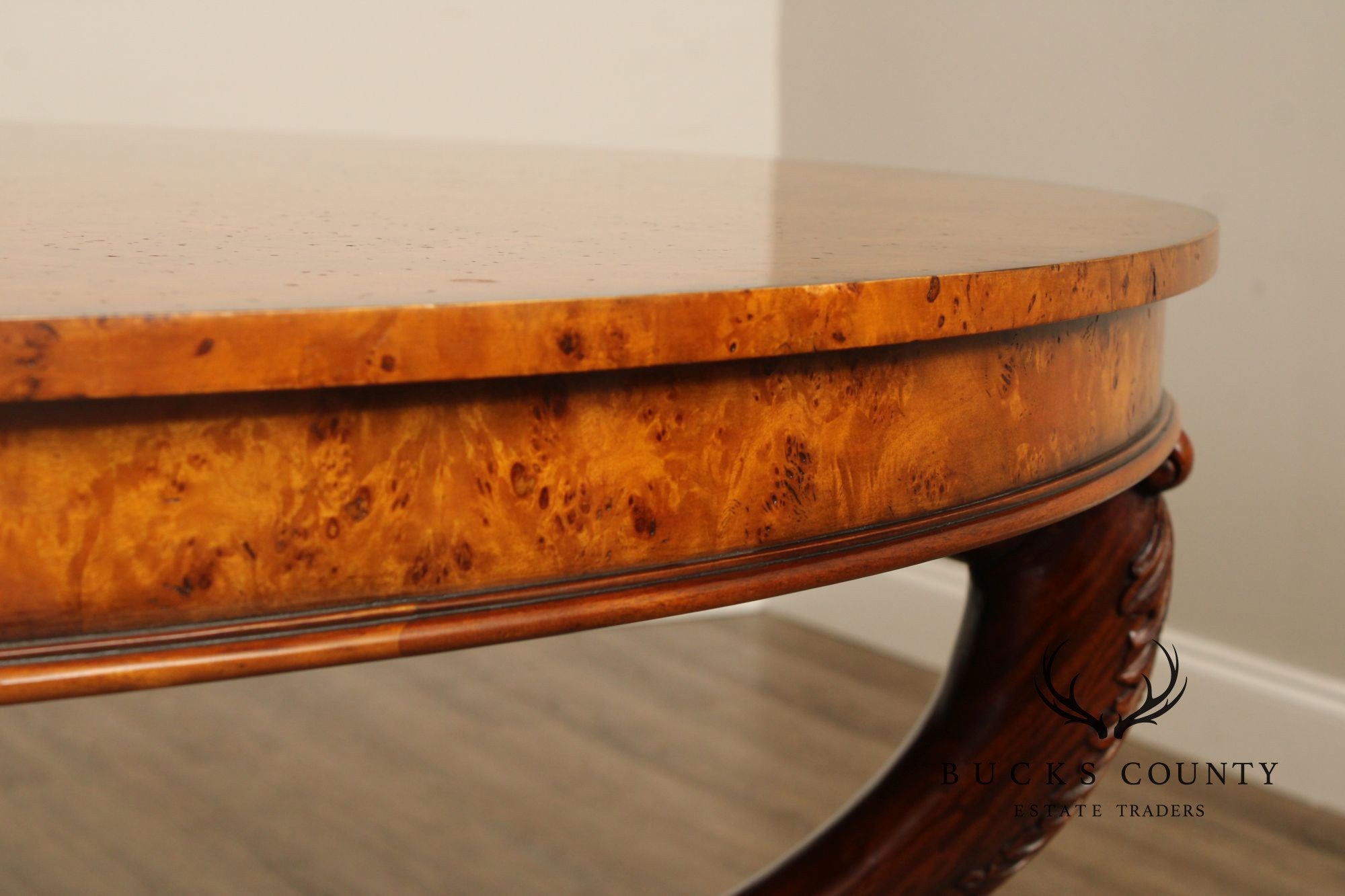 Theodore Alexander Empire Style Burl Wood Large Round Center Table