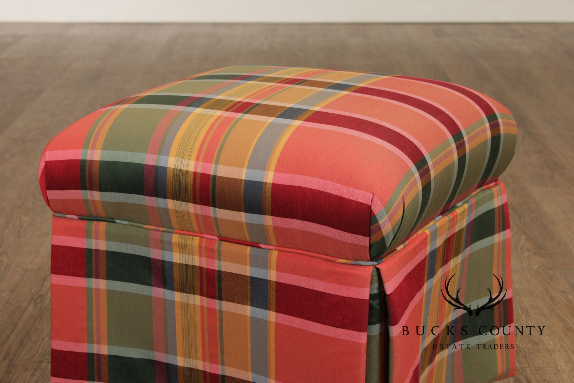 'A Colony Original'  Pair Of Upholstered Plaid Skirted Ottomans