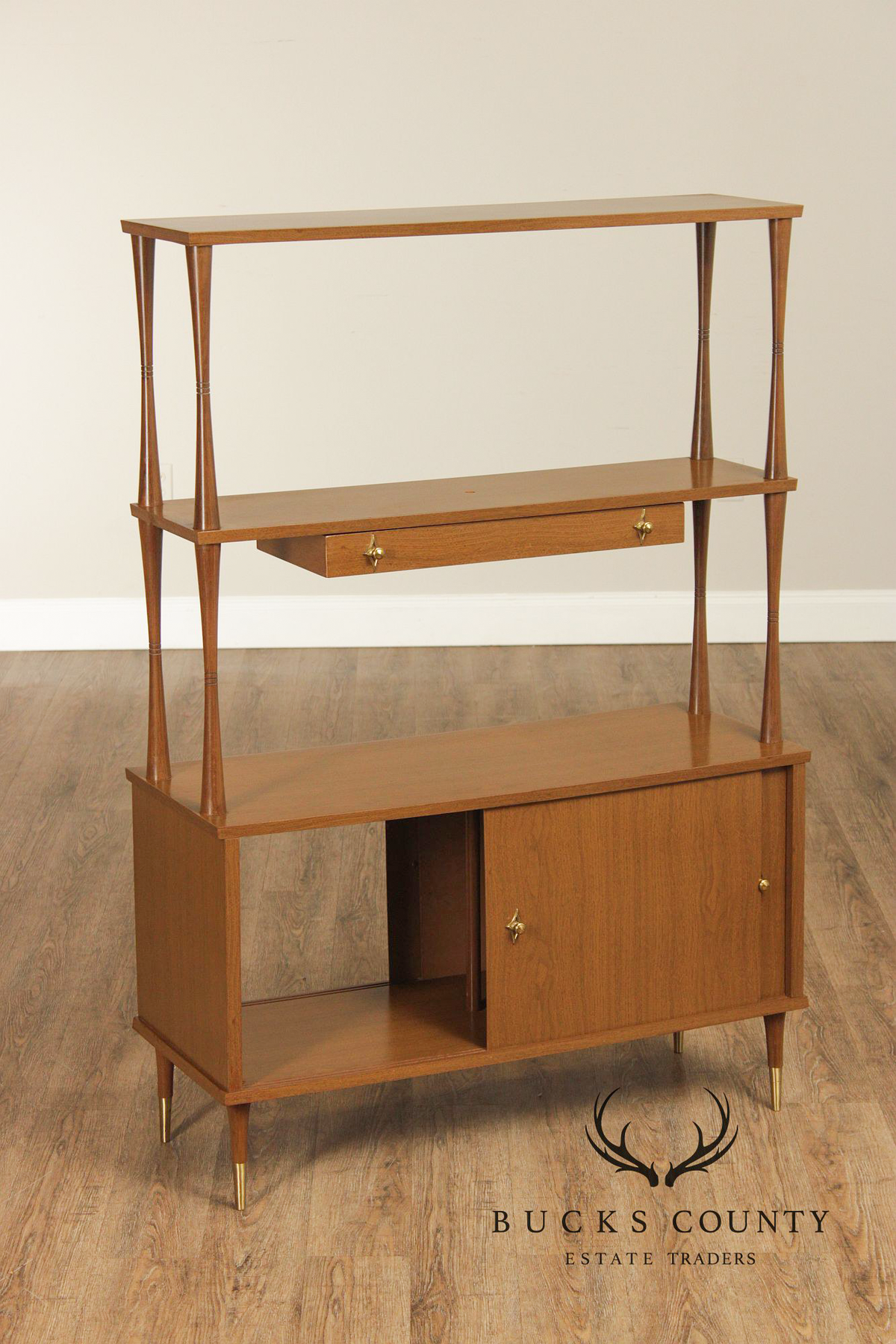 Mid Century Modern Walnut Room Divider Étagère With Brass Accents