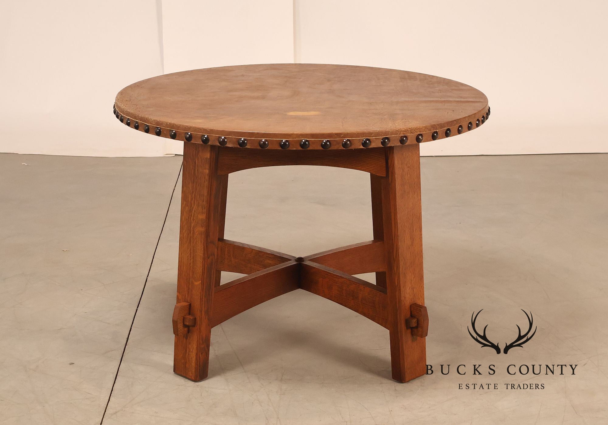 Stickley Commemorative Leather-Top Round Oak Library Table