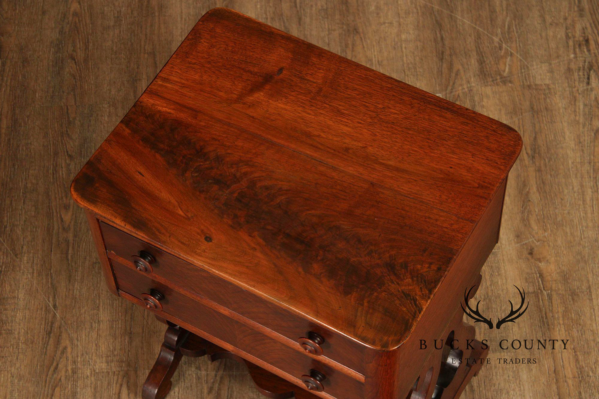 Antique American Empire Mahogany Lyre Form Two-Drawer Work Table
