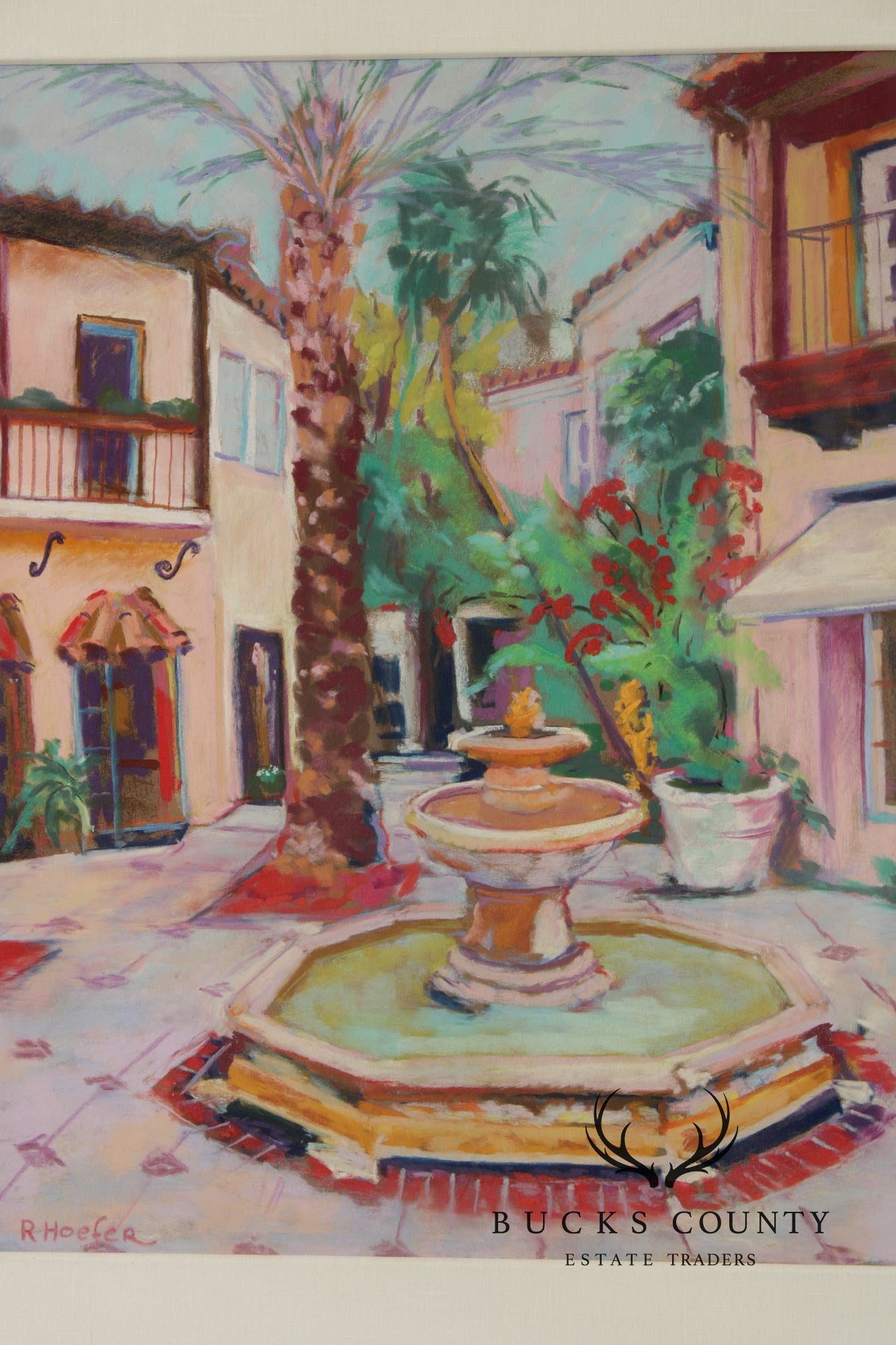 R. Hoefer Oil Pastel Painting, Spanish Courtyard