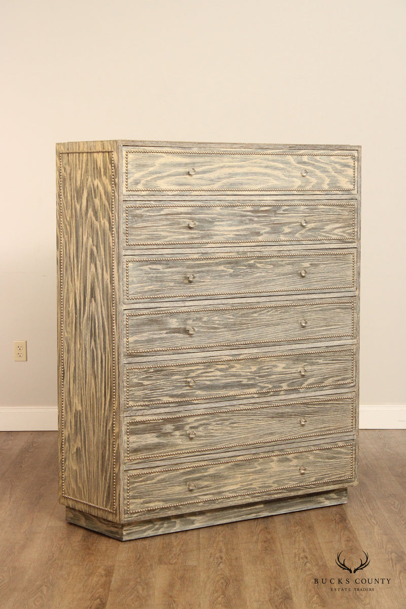 Mid Century Modern Cerused Oak High Chest with Nail Head Trim