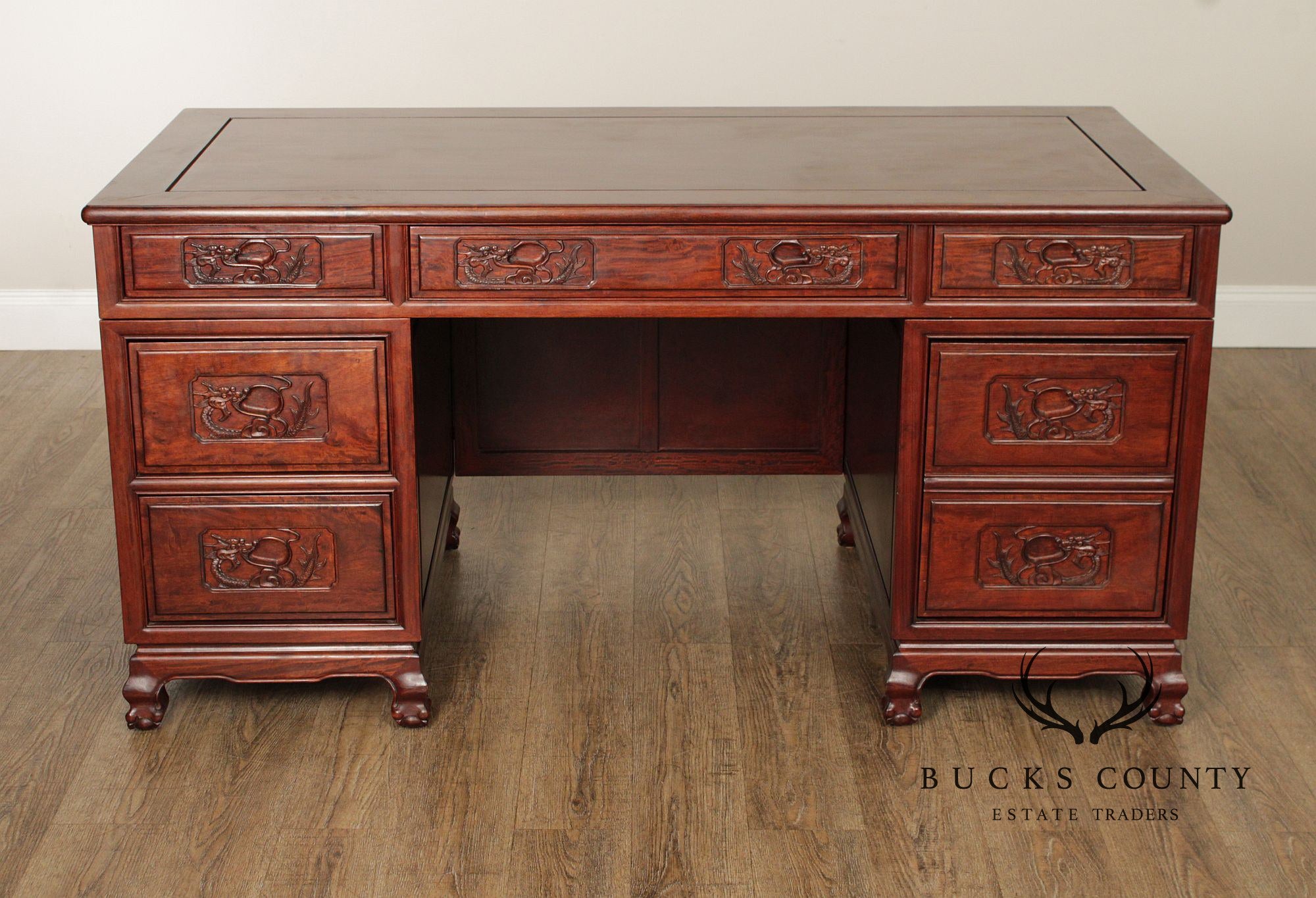 Chinese Rosewood Vintage Pedestal Executive Desk