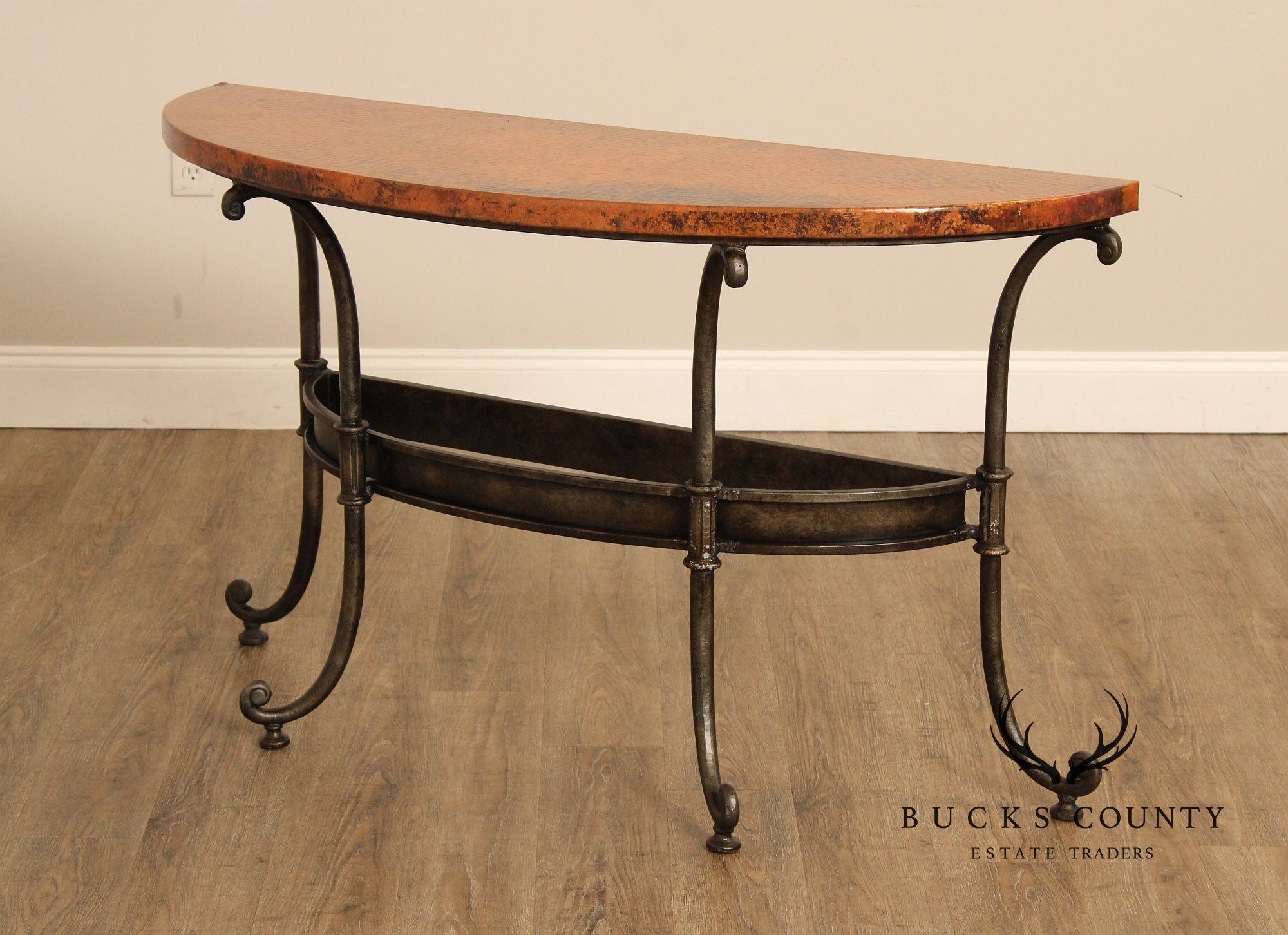 Hammered Copper and Iron Demilune Console Table