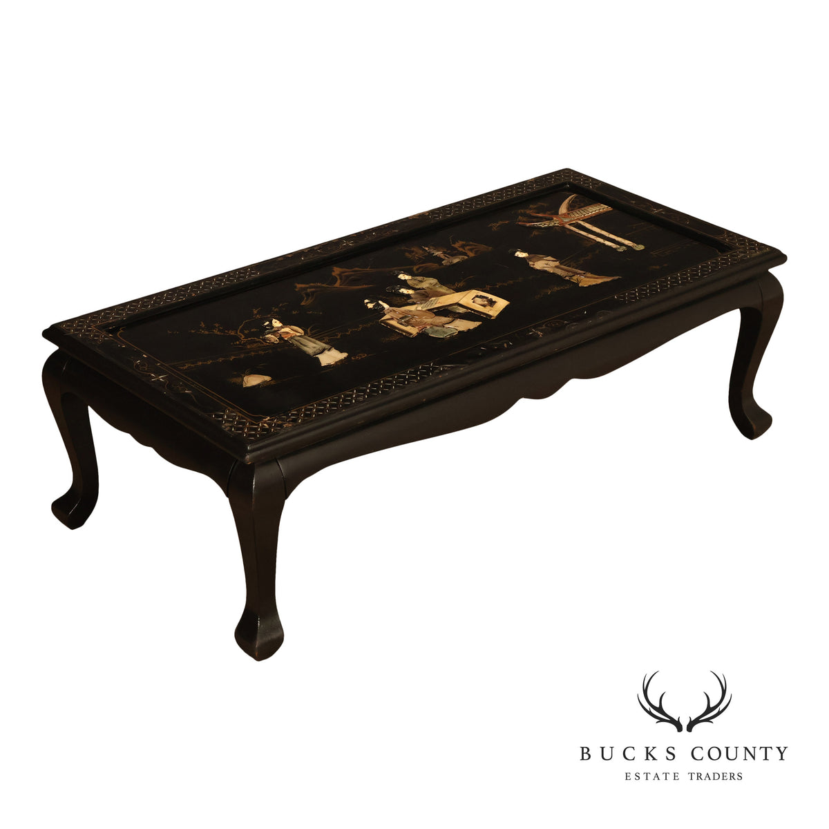Asian Inspired Black Lacquer Coffee Table With Figural Inlay