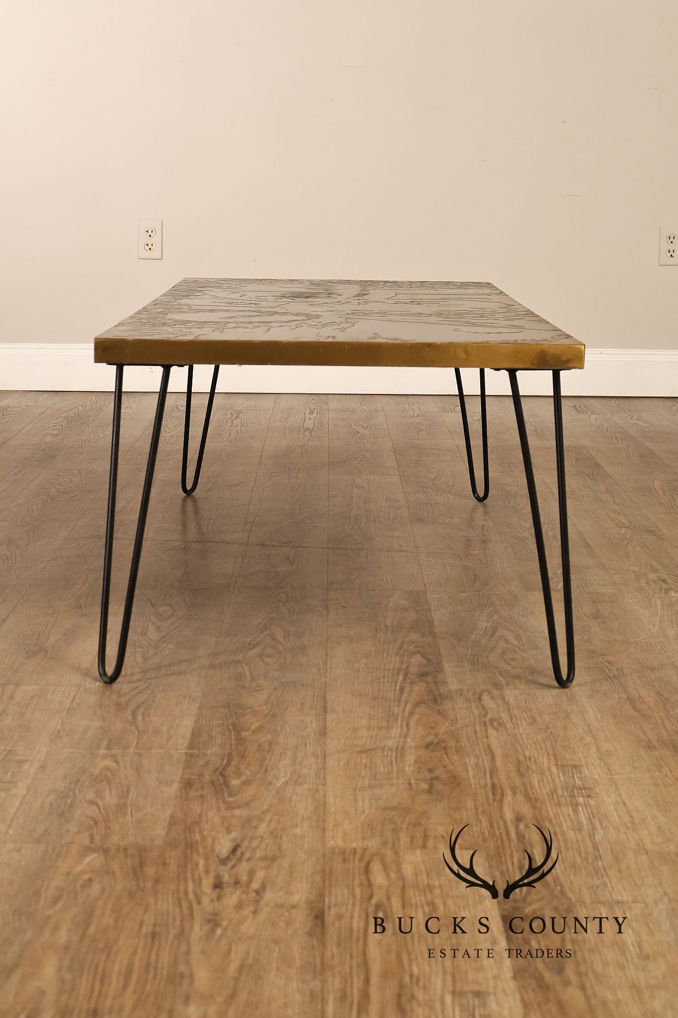 Mid Century Modern Acid Etched Brass Top Coffee Table With Hairpin Legs