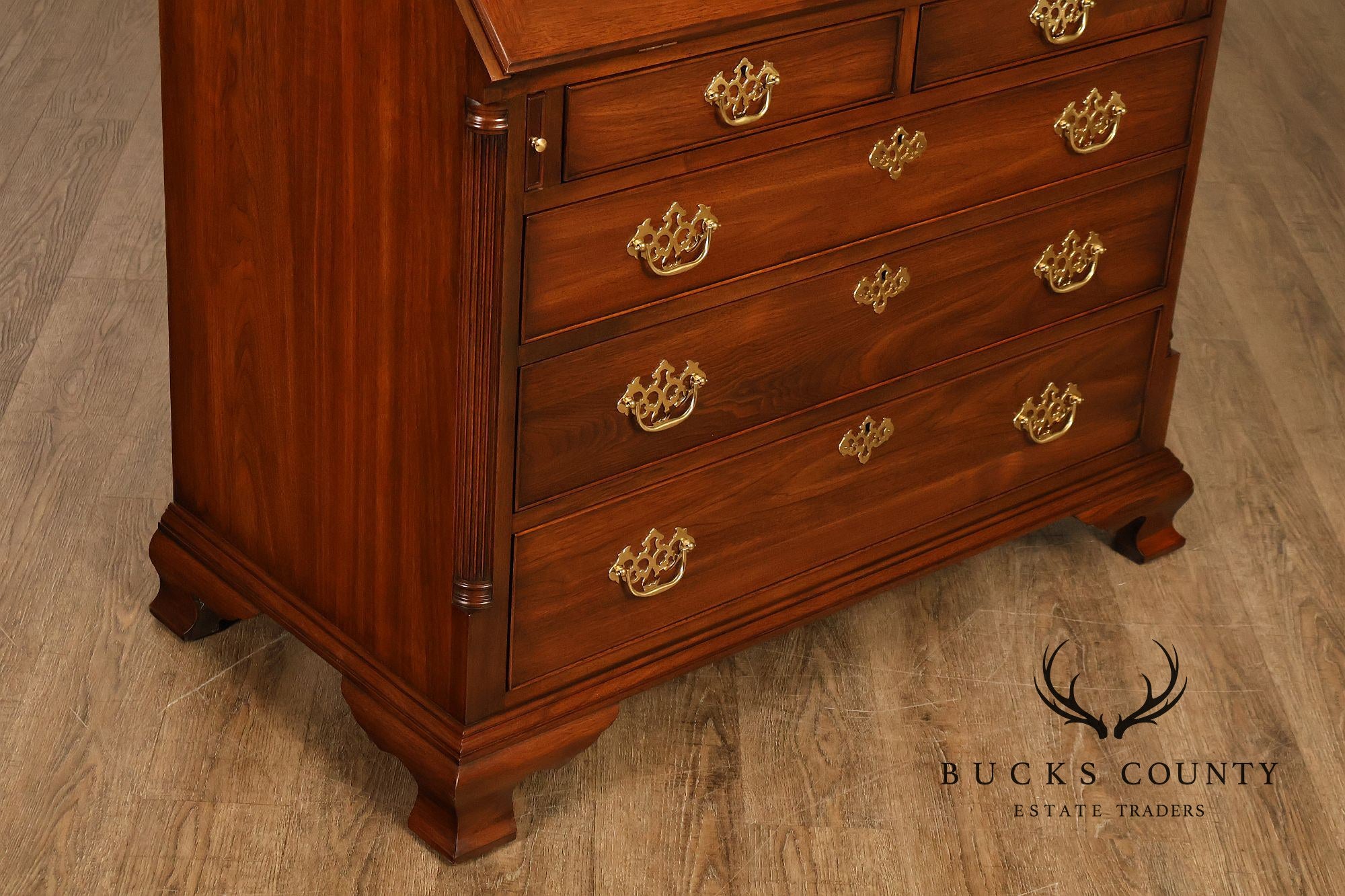 HENKEL HARRIS CHIPPENDALE STYLE TWO PART BLACK WALNUT BLIND DOOR SECRETARY DESK