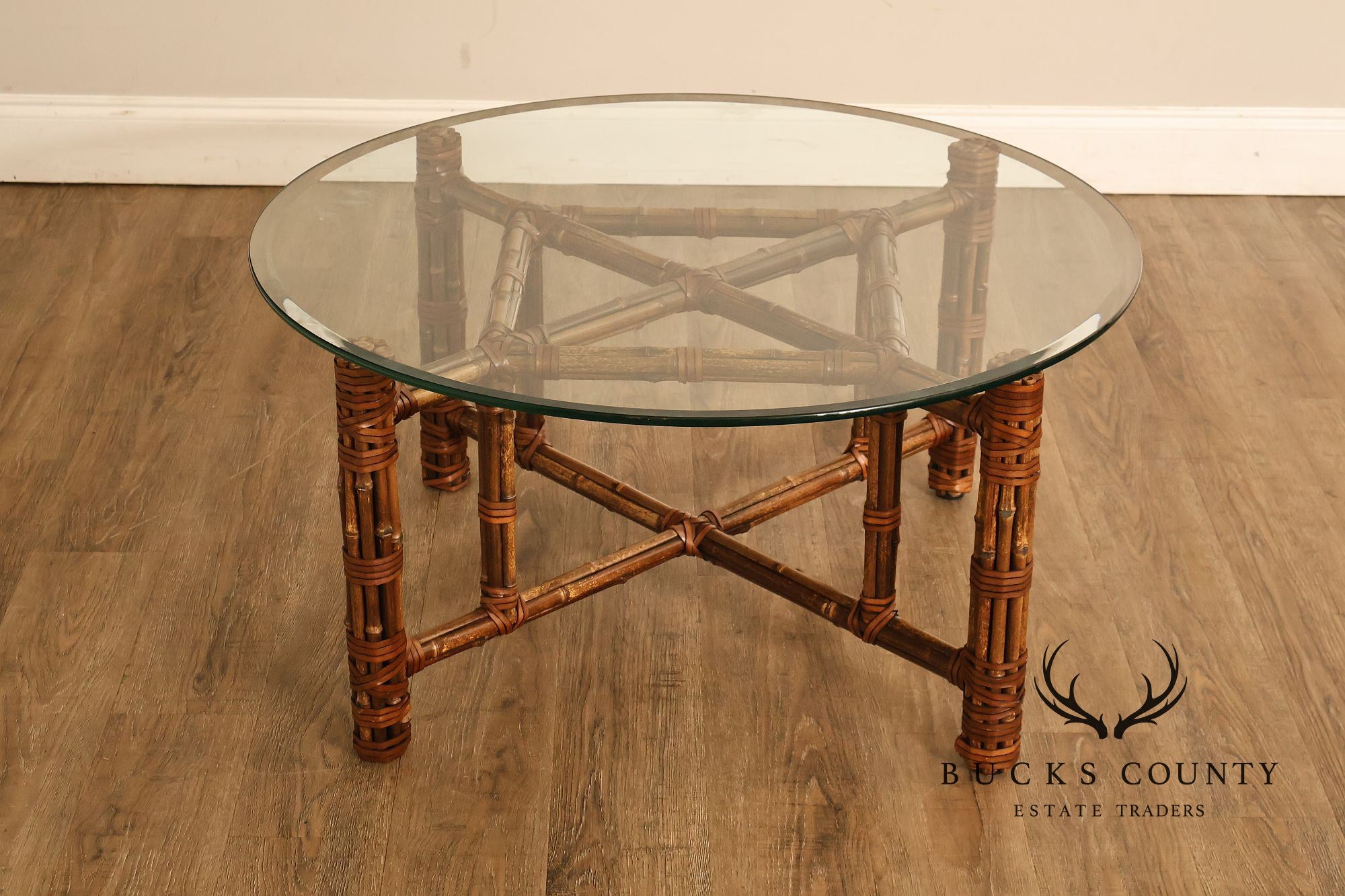McGuire Bamboo And Rattan Round Glass Top Coffee Table
