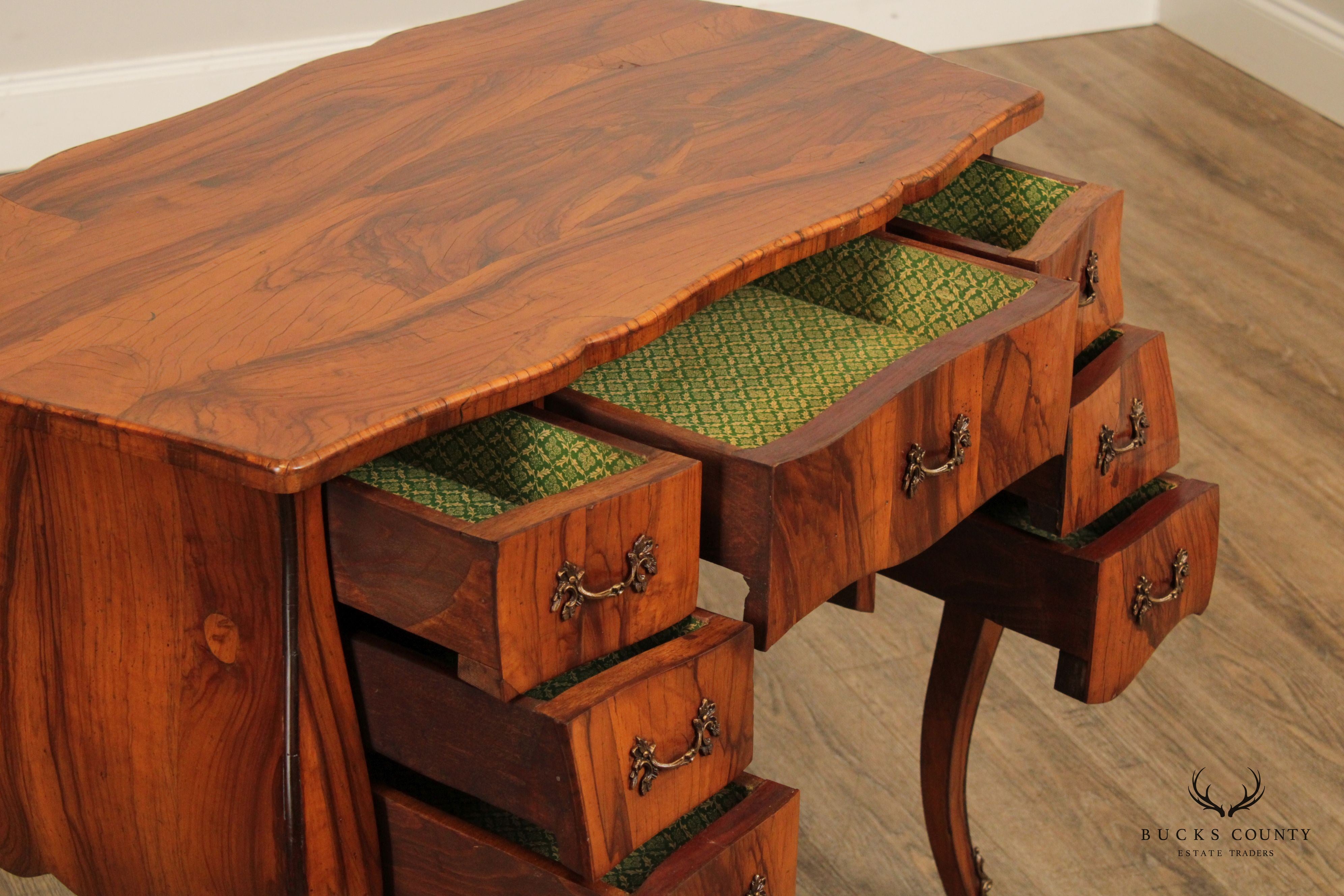 Italian Rococo Style Olive Wood Bombe Writing Desk