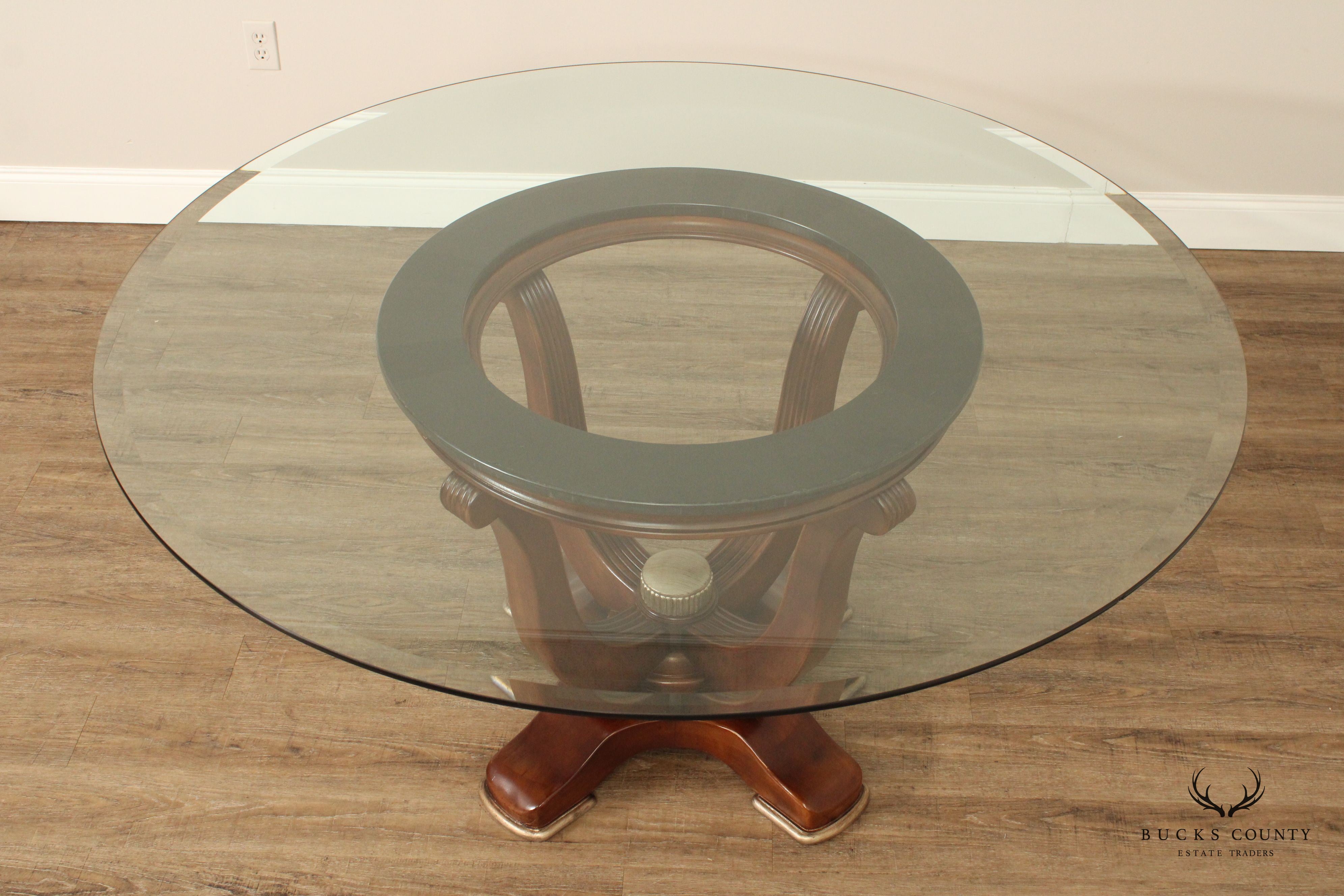 Modern Art Deco Style Round Glass Top Pedestal Dining Table