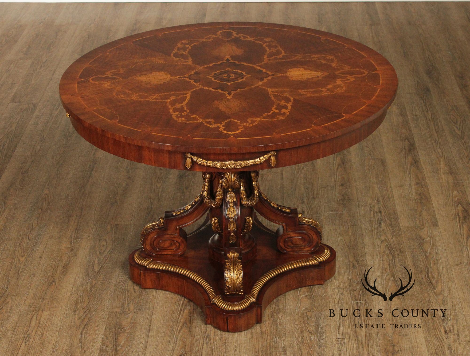 Maitland-Smith Round Inlaid Mahogany Round Center Table With Gilt Accents