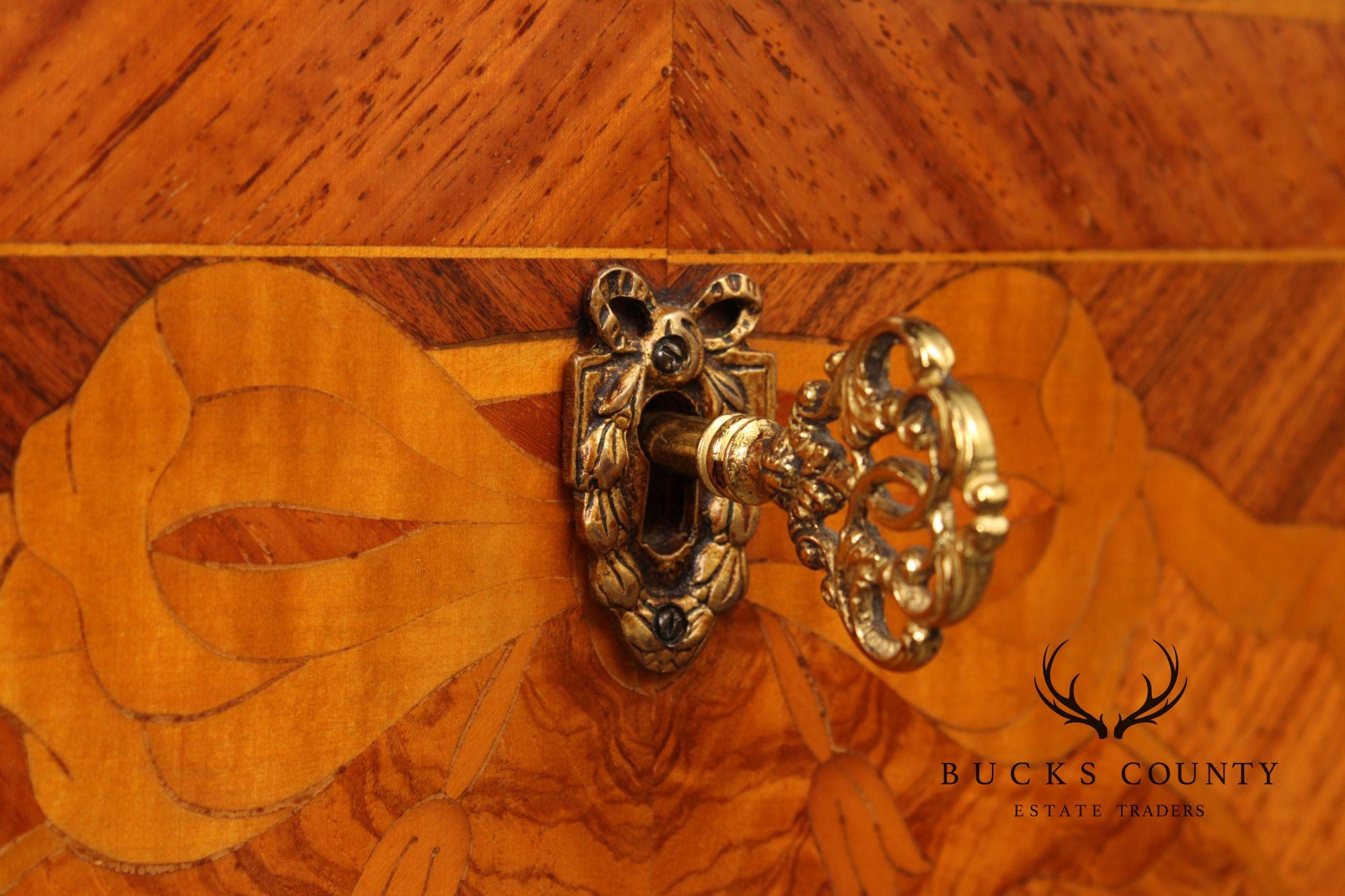 Louis XV Style Pair Of Marquetry Inlaid Marble Top Bombe Commodes