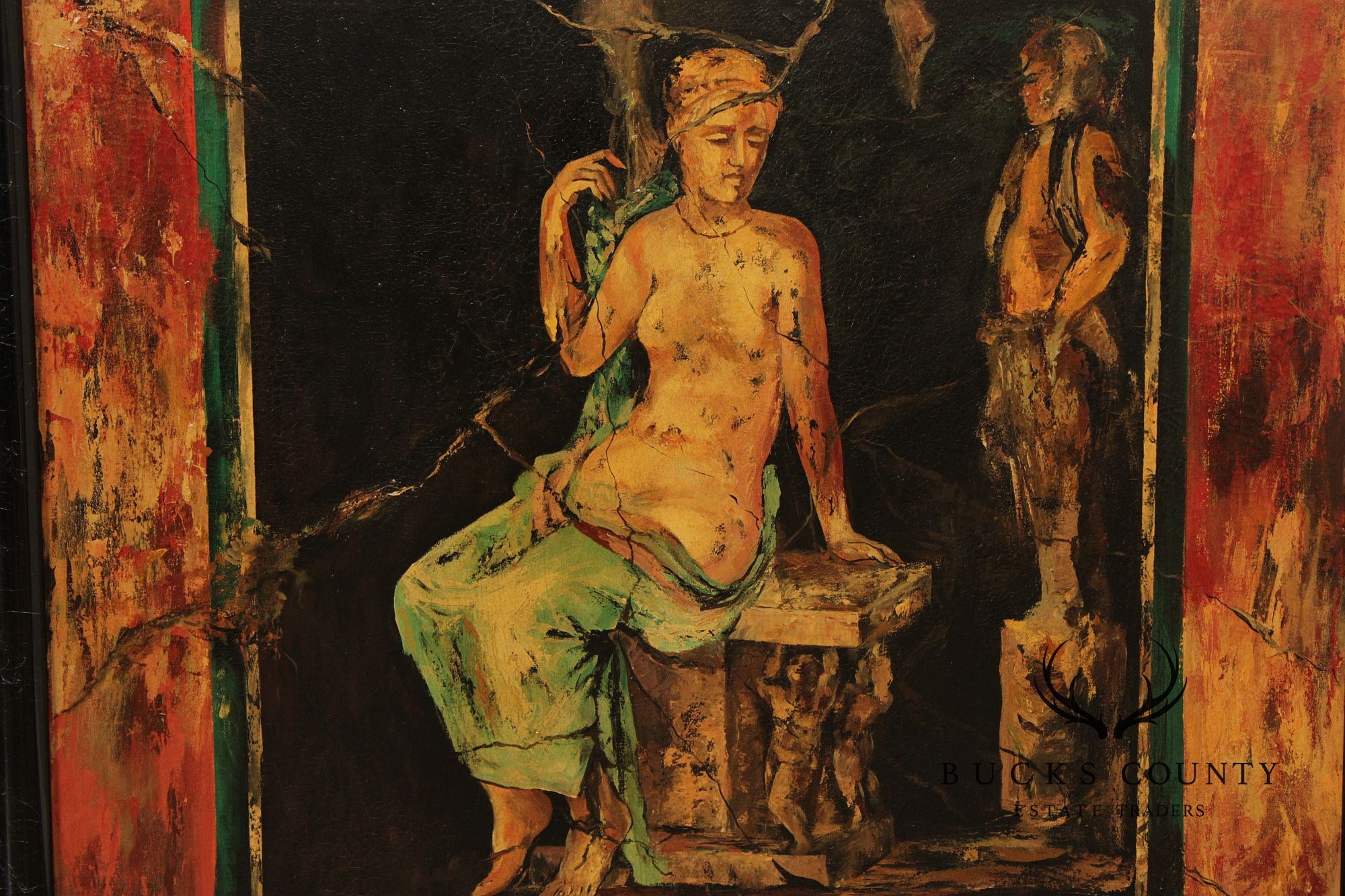 Roman Fresco Oil Painting Signed 'Fabriano' with Black Frame
