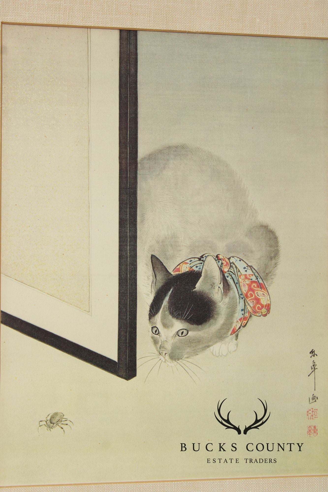 Tsuguharu Foujita Framed Japanese Woodblock Print, Cat and Spider