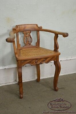 Anglo Indian Solid Padauk Wood Carved Lyre Back Cane Seat Arm Chair