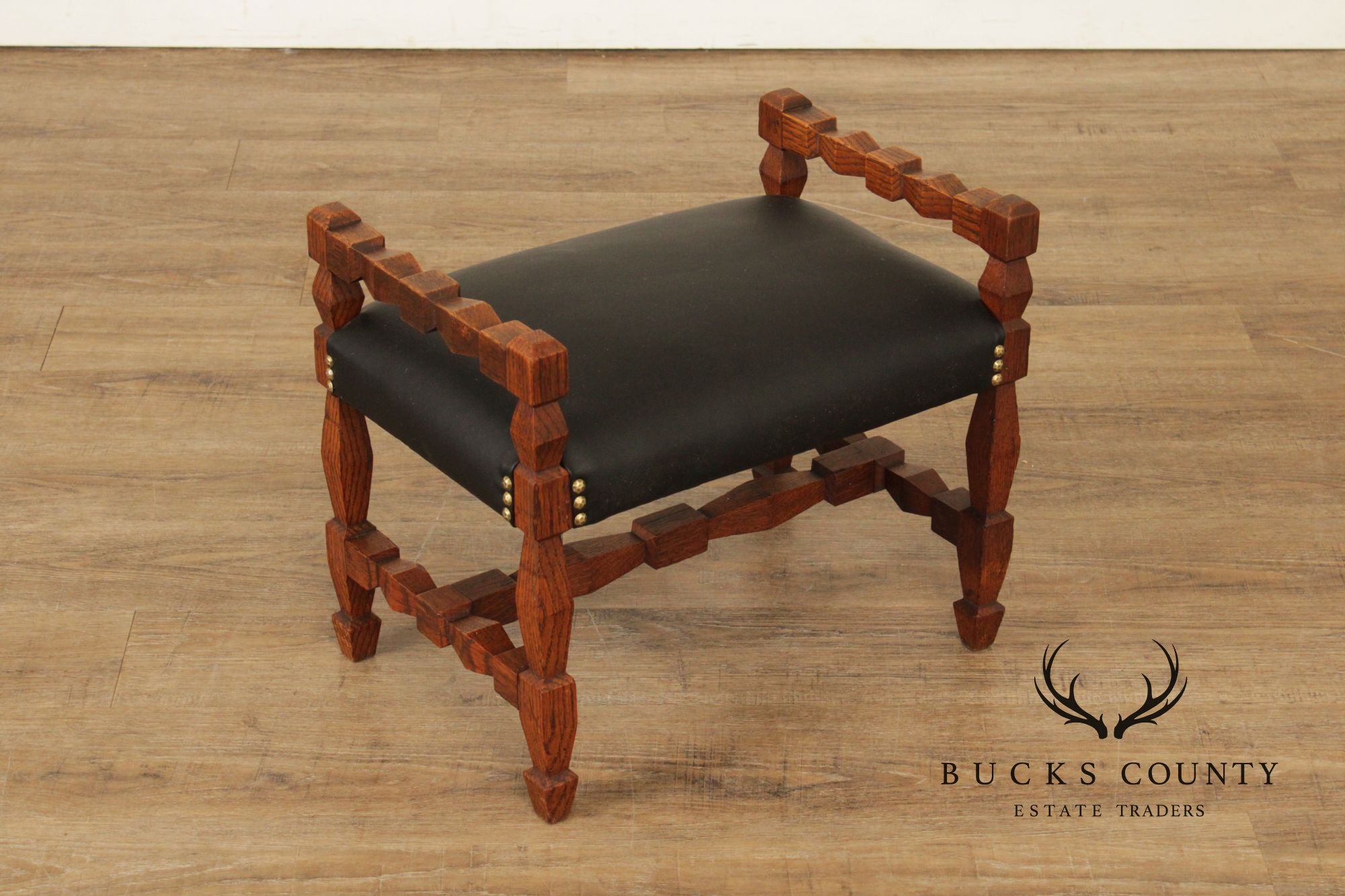 Unusual Antique Arts & Crafts Carved Oak Bench