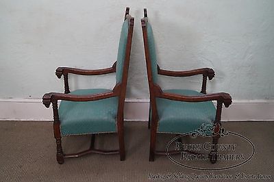 Antique 19th Century Pair of Gothic Oak Throne Arm Chairs