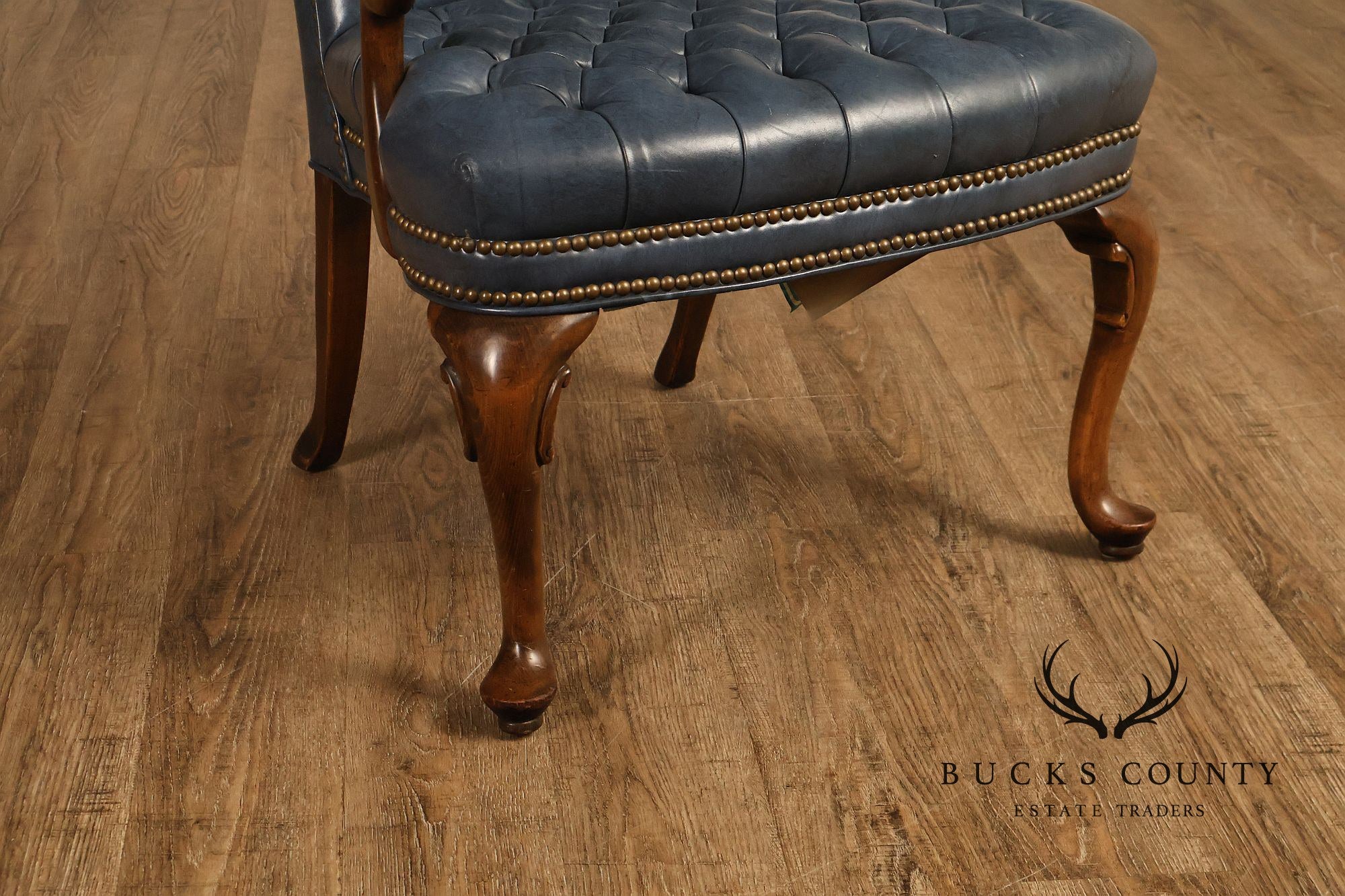 Ethan Allen Queen Anne Style Pair of Tufted Leather Library Armchairs