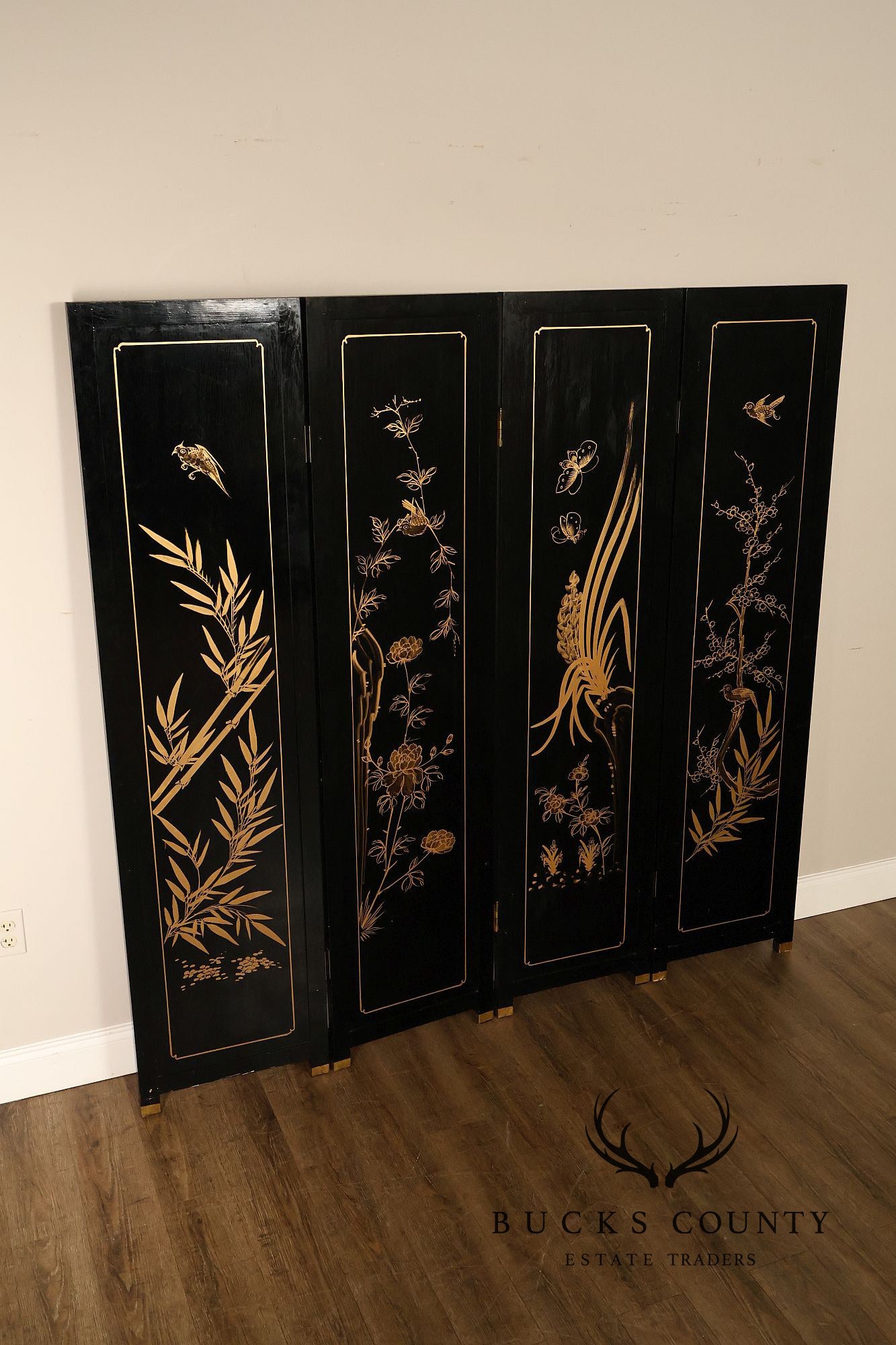 Asian Black Lacquer Vintage Pair Of Four Panel Folding Screens With Mother Of Pearl Inlay