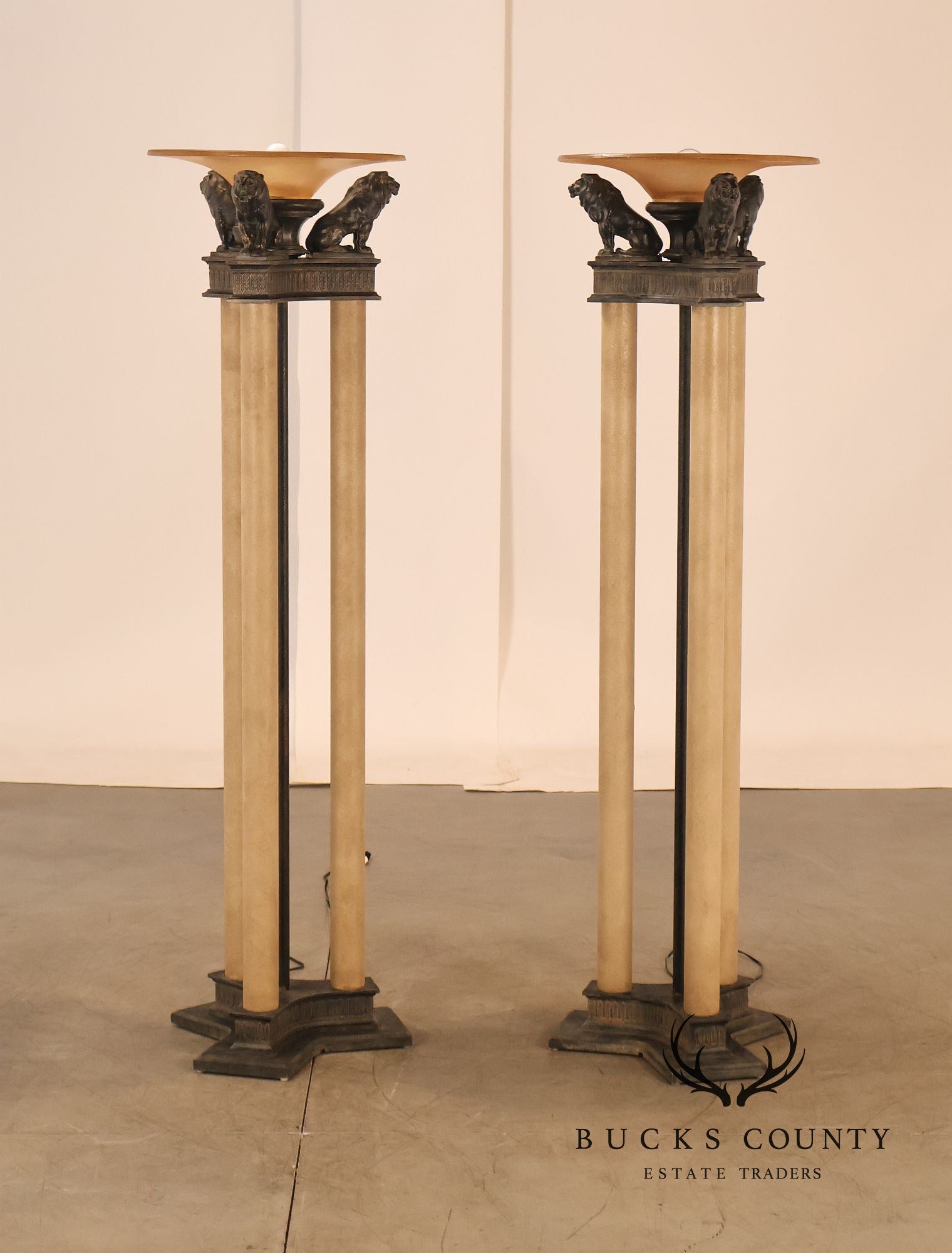 Neoclassical Style Pair Of Floor Lamps With Lion Figures