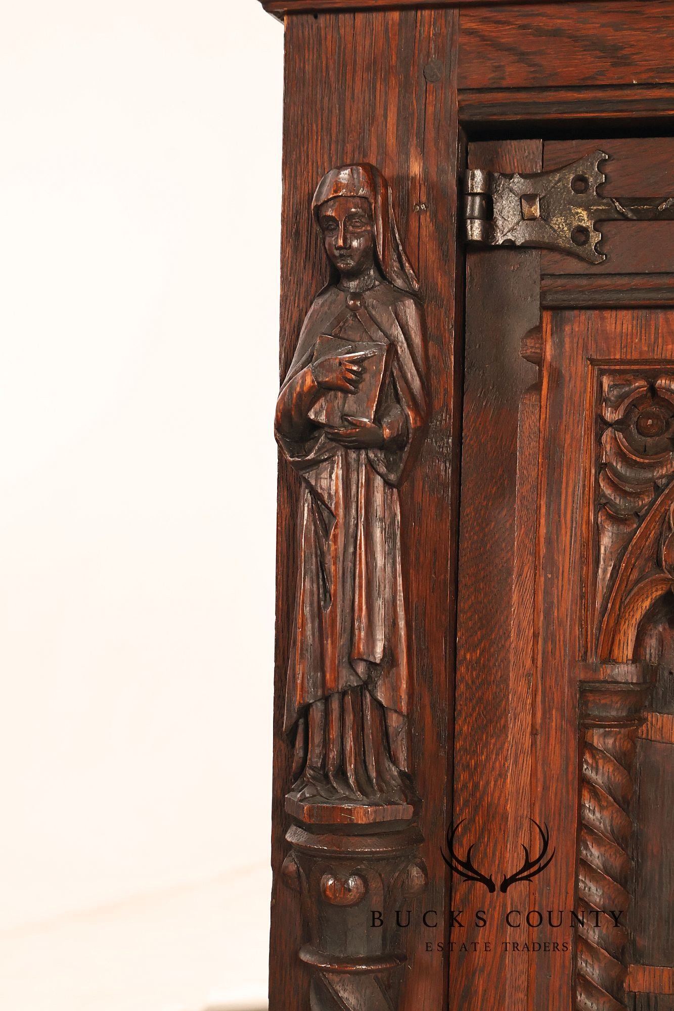 Antique Neo-Gothic Carved Oak Sideboard Server With Figural Panels