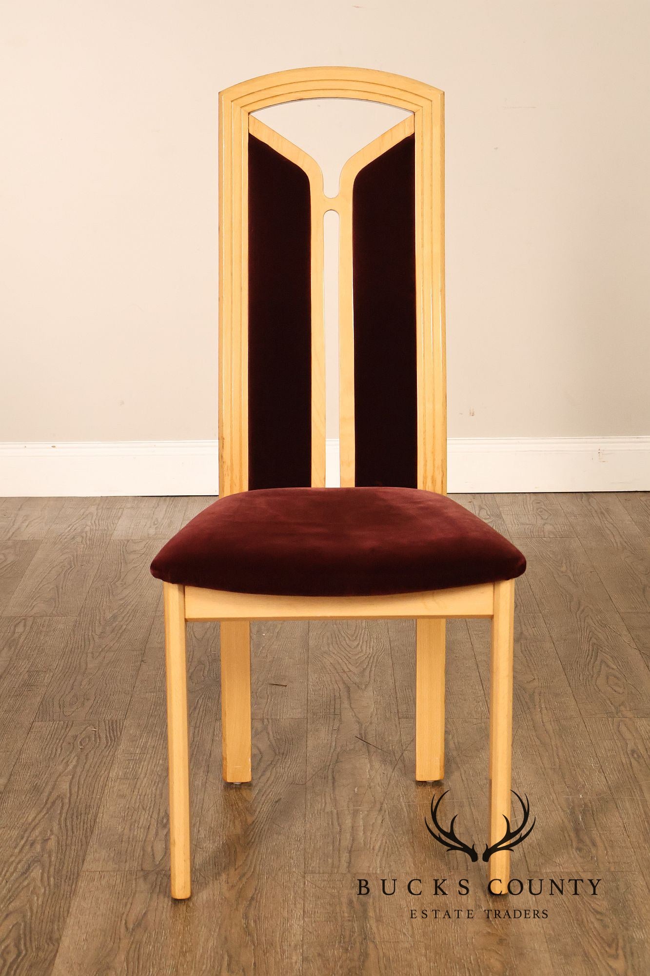 Tonon Set Of Eight Italian Light Wood Modern Dining Chairs With Burgundy Upholstery