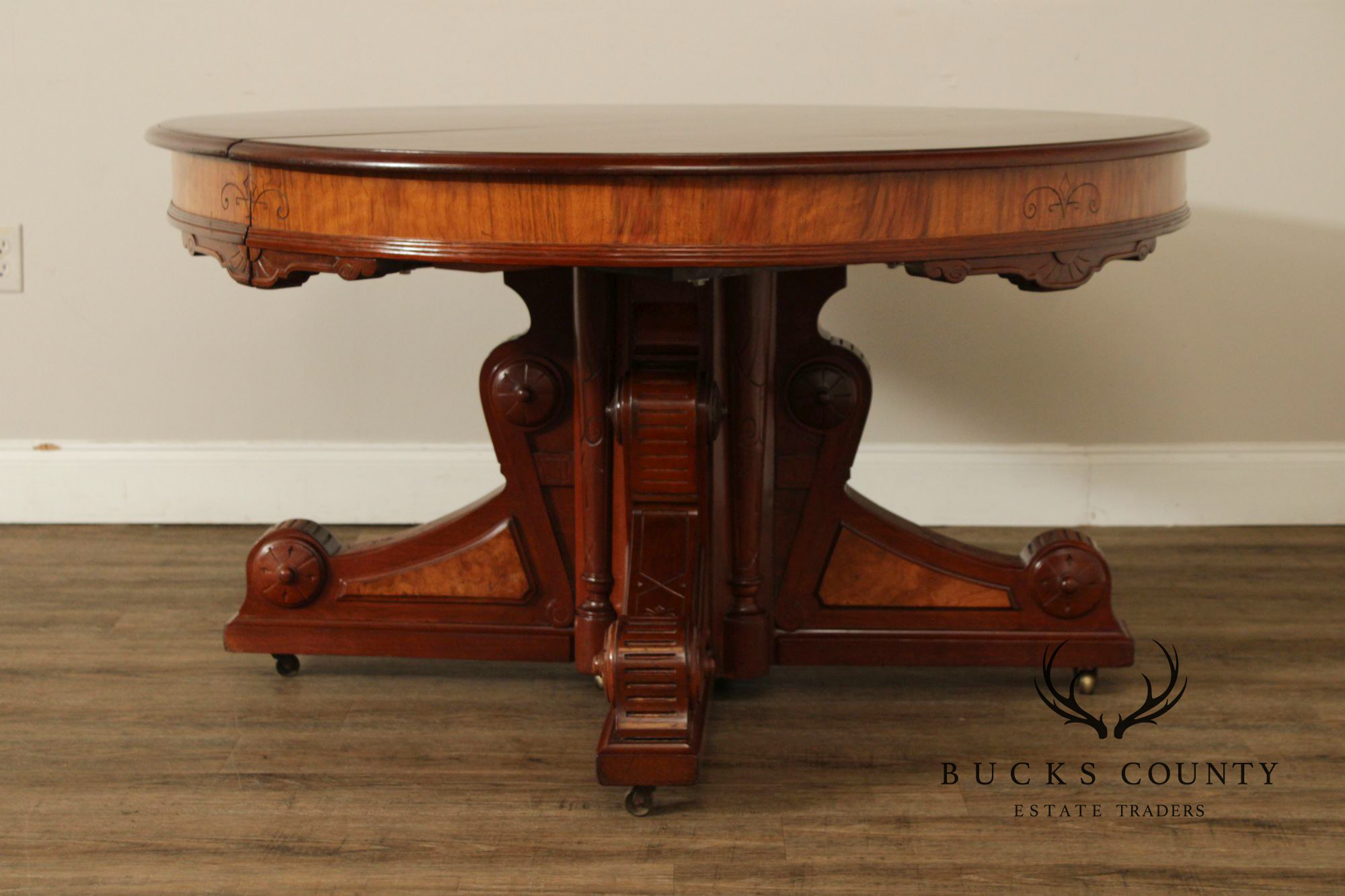 Antique Victorian Eastlake Walnut Expandable Pedestal Dining Table