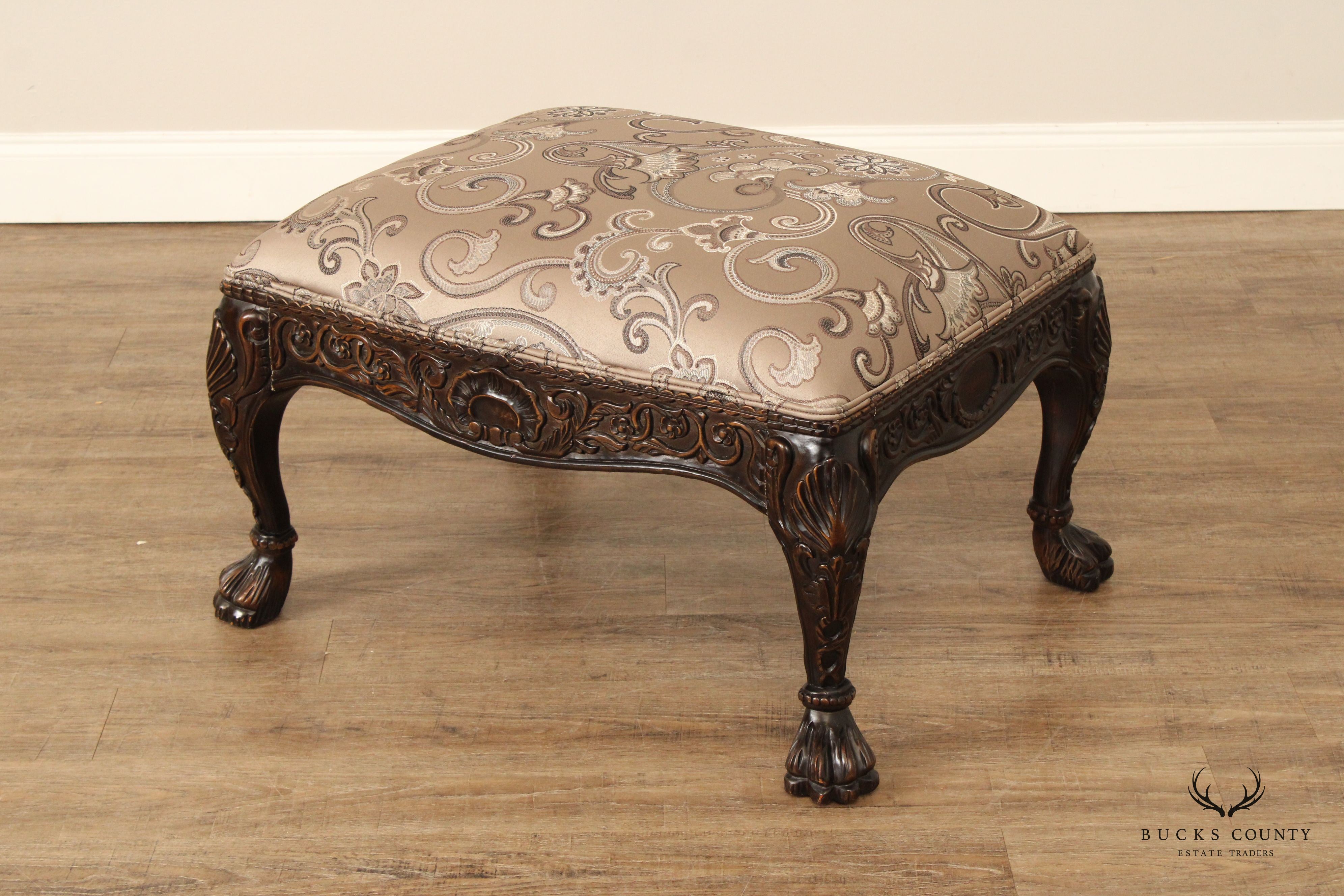 Modern Georgian Style Wide Seat Pair Of Carved Frame Custom Upholstered Armchairs With Ottoman