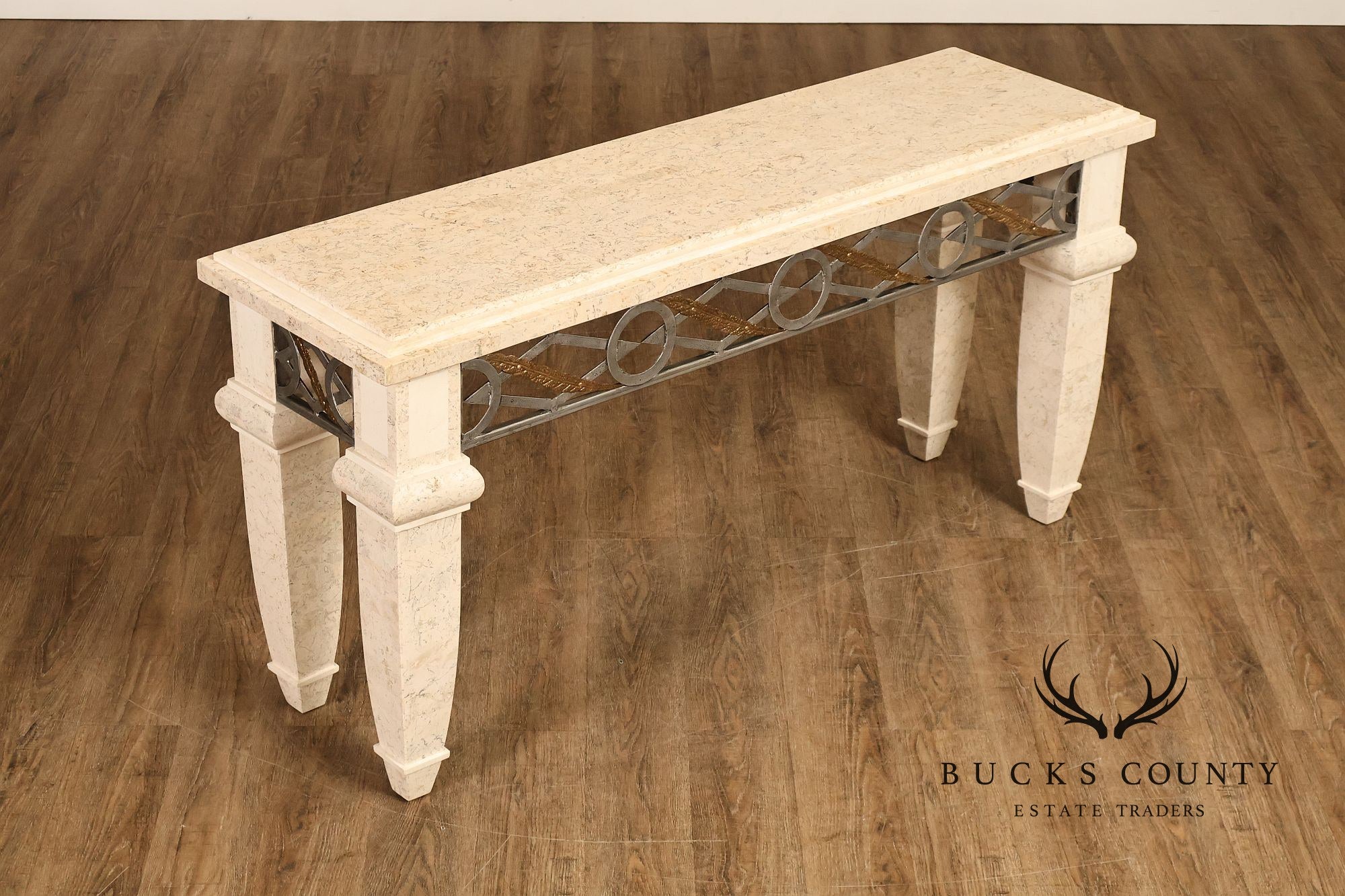 Neoclassical Style Travertine Console Table With Metal Stretcher
