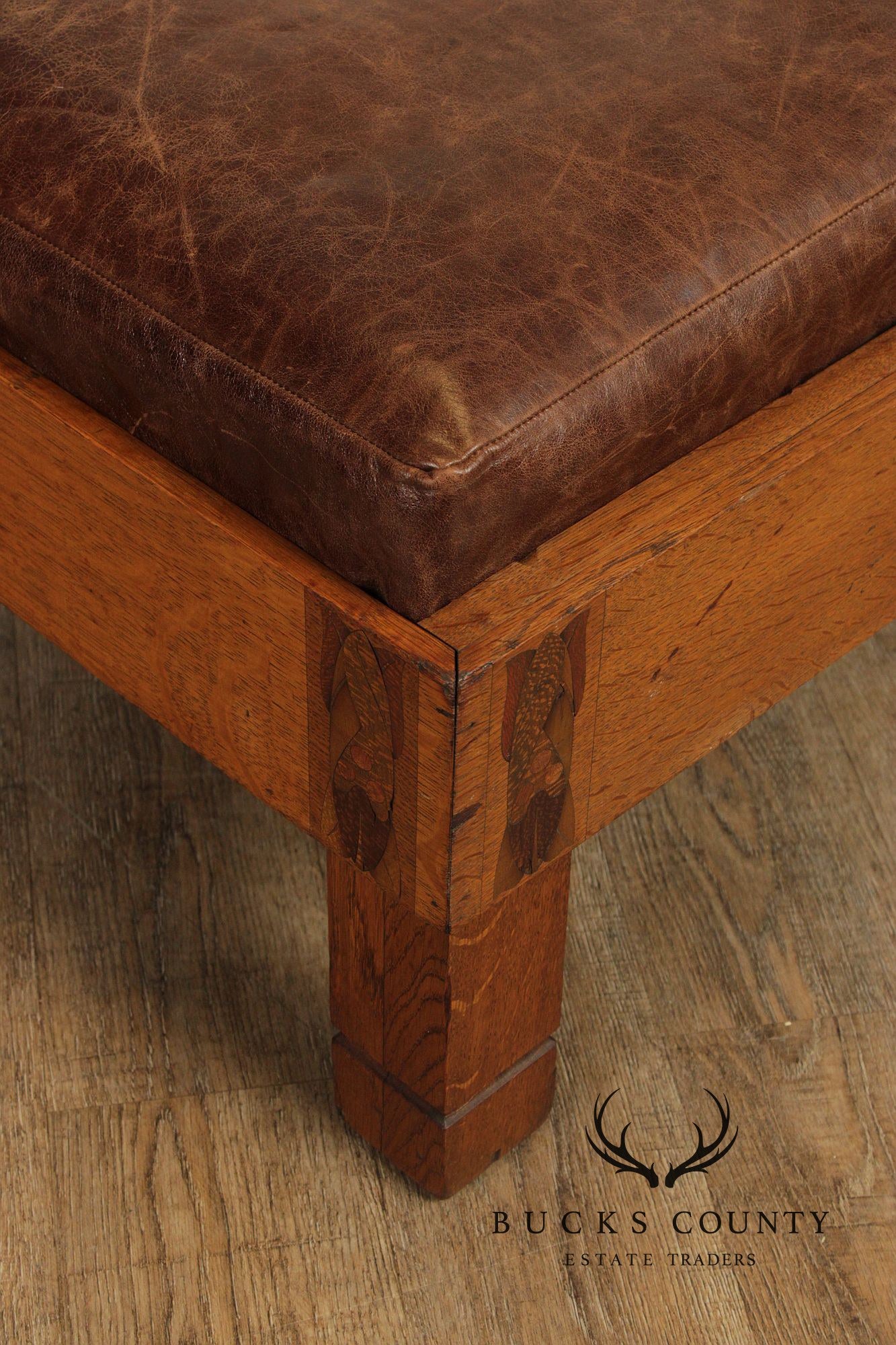 Early Stickley Brothers Inlaid Oak and Leather Daybed