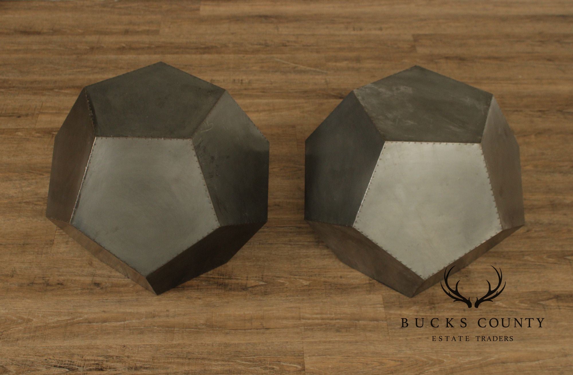 Restoration Hardware Industrial Style Zinc Polyhedron Side Tables Pair