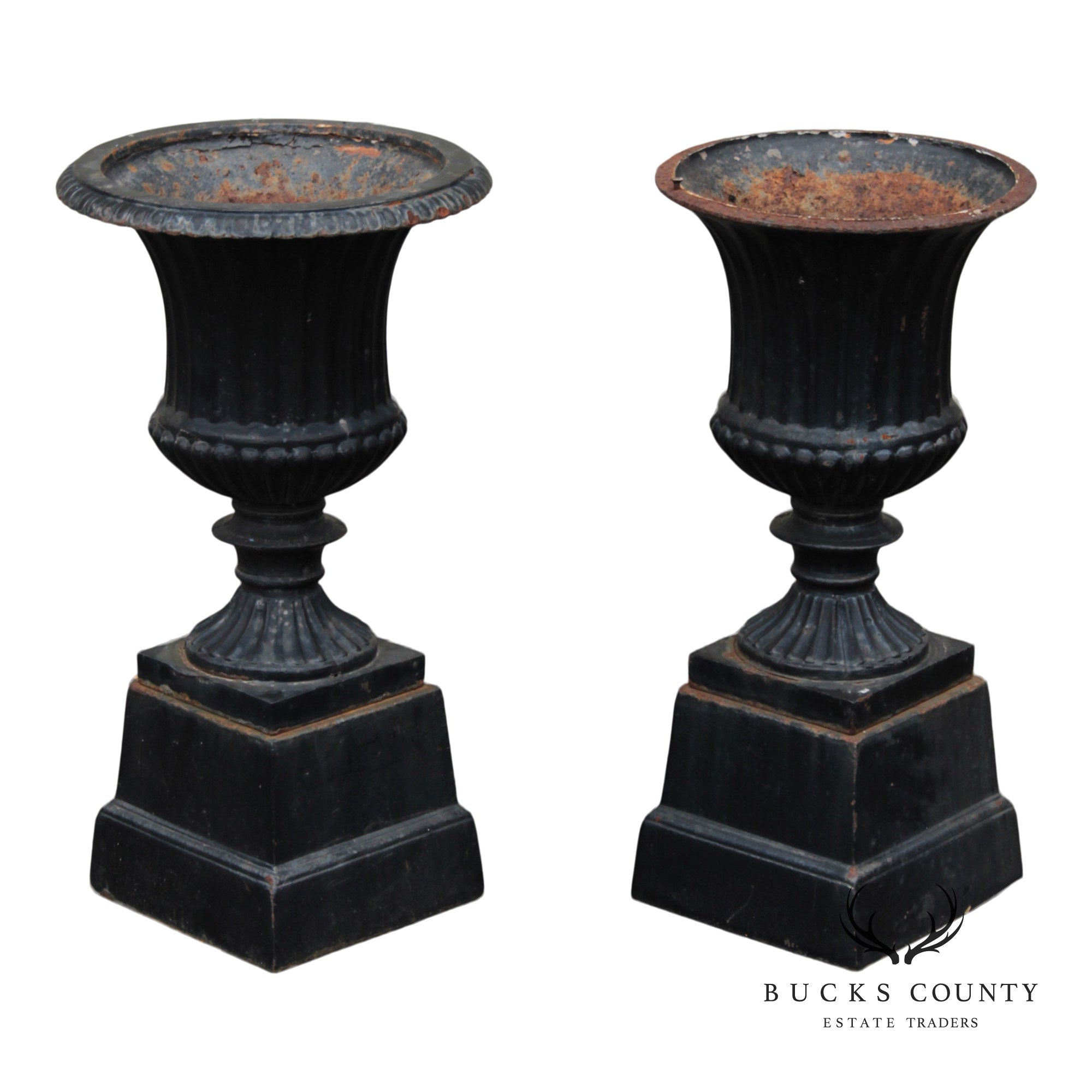 Vintage Pair Of Cast Iron Classical Black Garden Urns On Plinth Bases