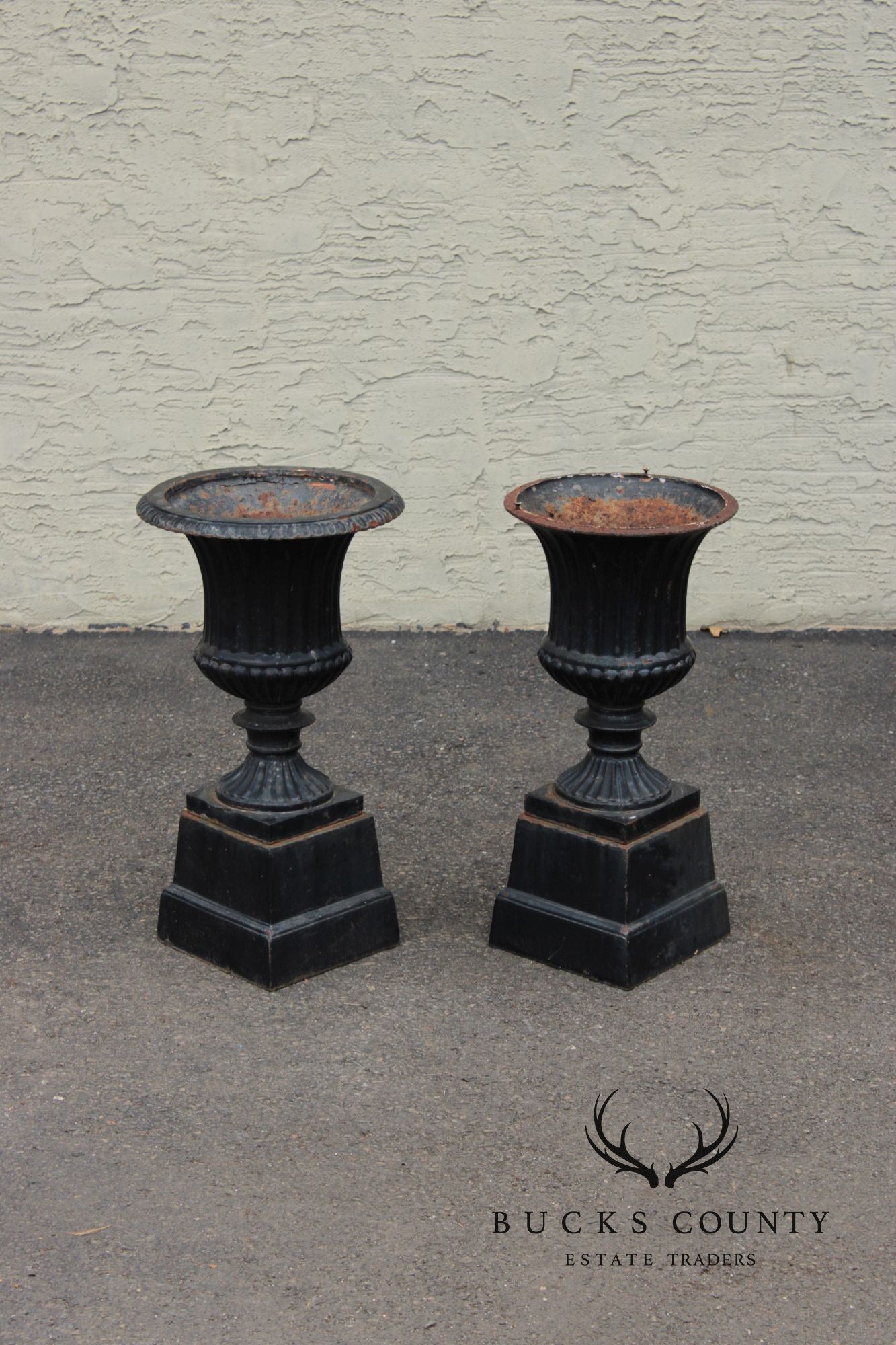 Vintage Pair Of Cast Iron Classical Black Garden Urns On Plinth Bases