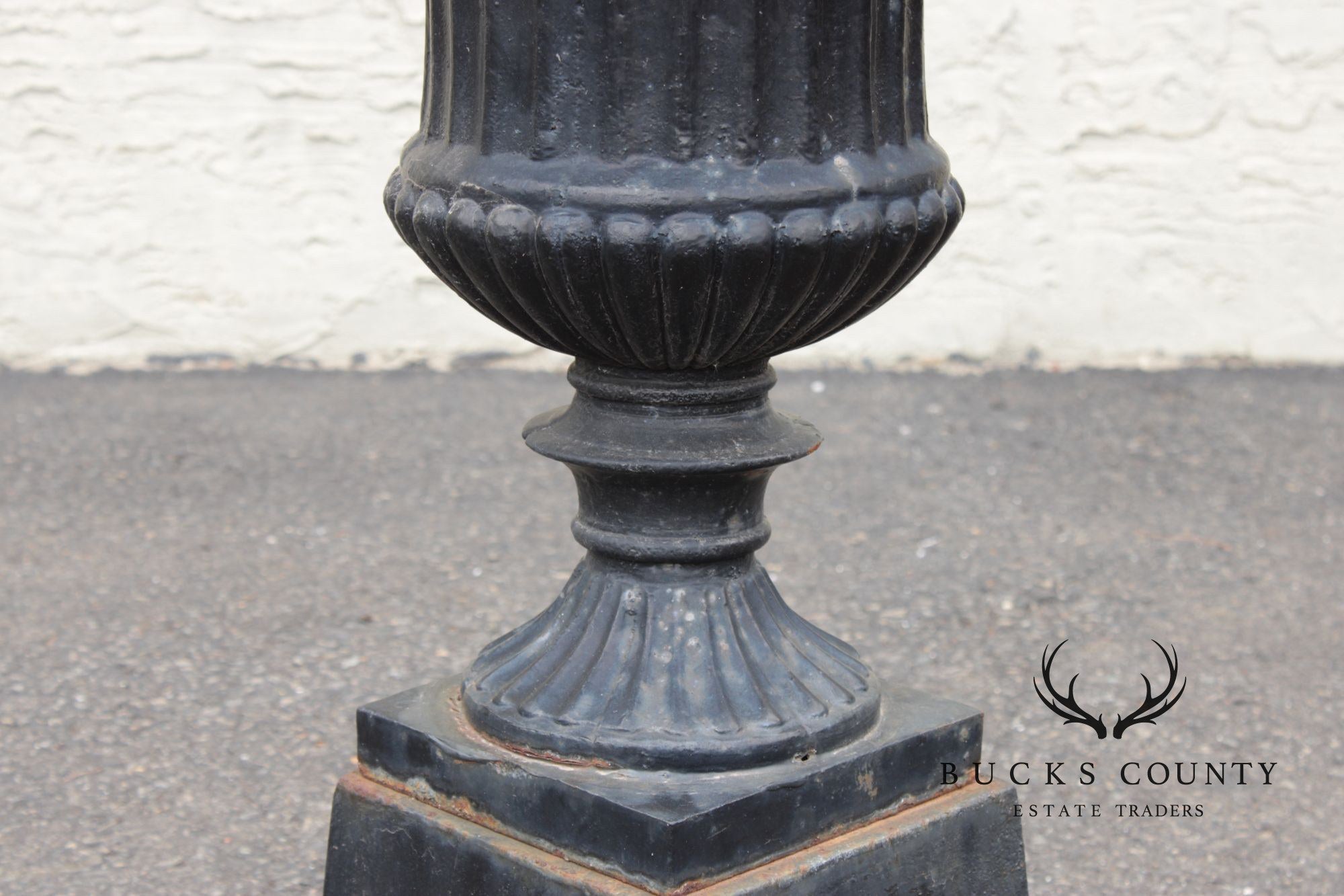Vintage Pair Of Cast Iron Classical Black Garden Urns On Plinth Bases