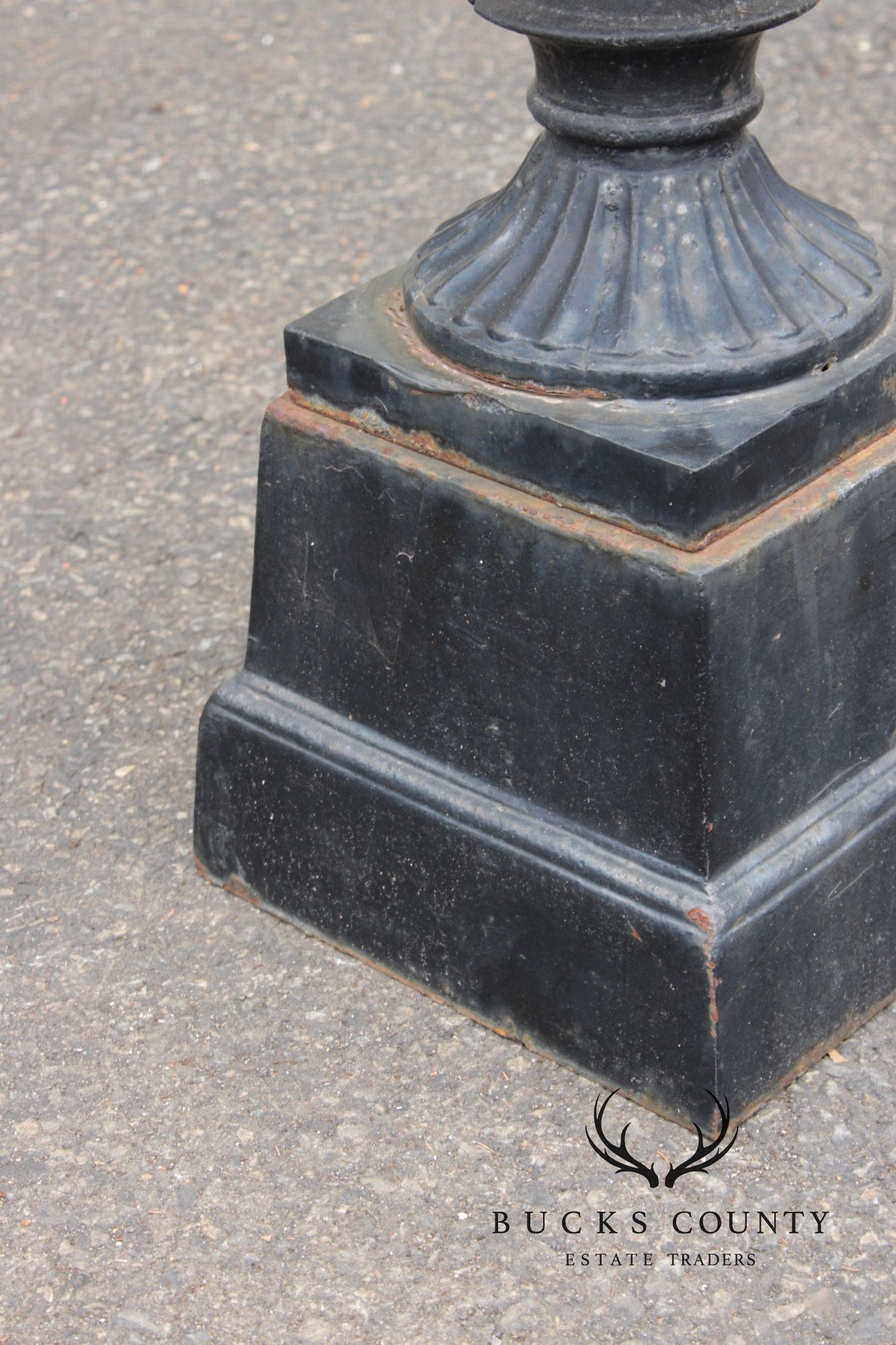 Vintage Pair Of Cast Iron Classical Black Garden Urns On Plinth Bases