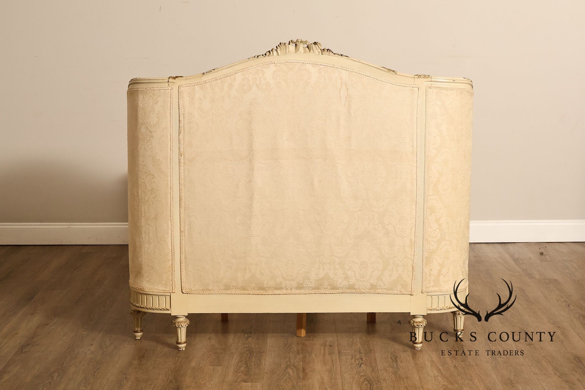 Antique French Louis XVI Style Painted & Upholstered Full Size Bed Frame