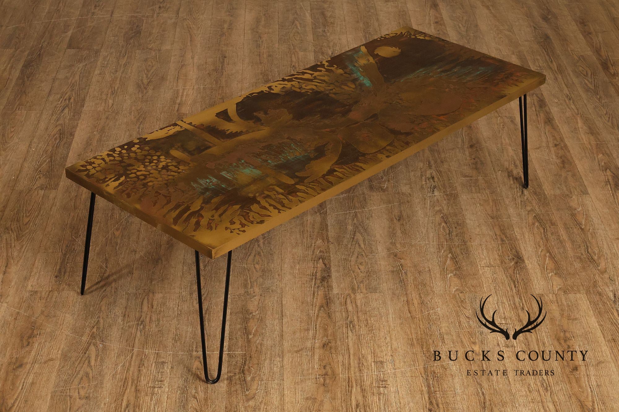 Mid Century Modern Acid Etched Brass Top Coffee Table With Hairpin Legs