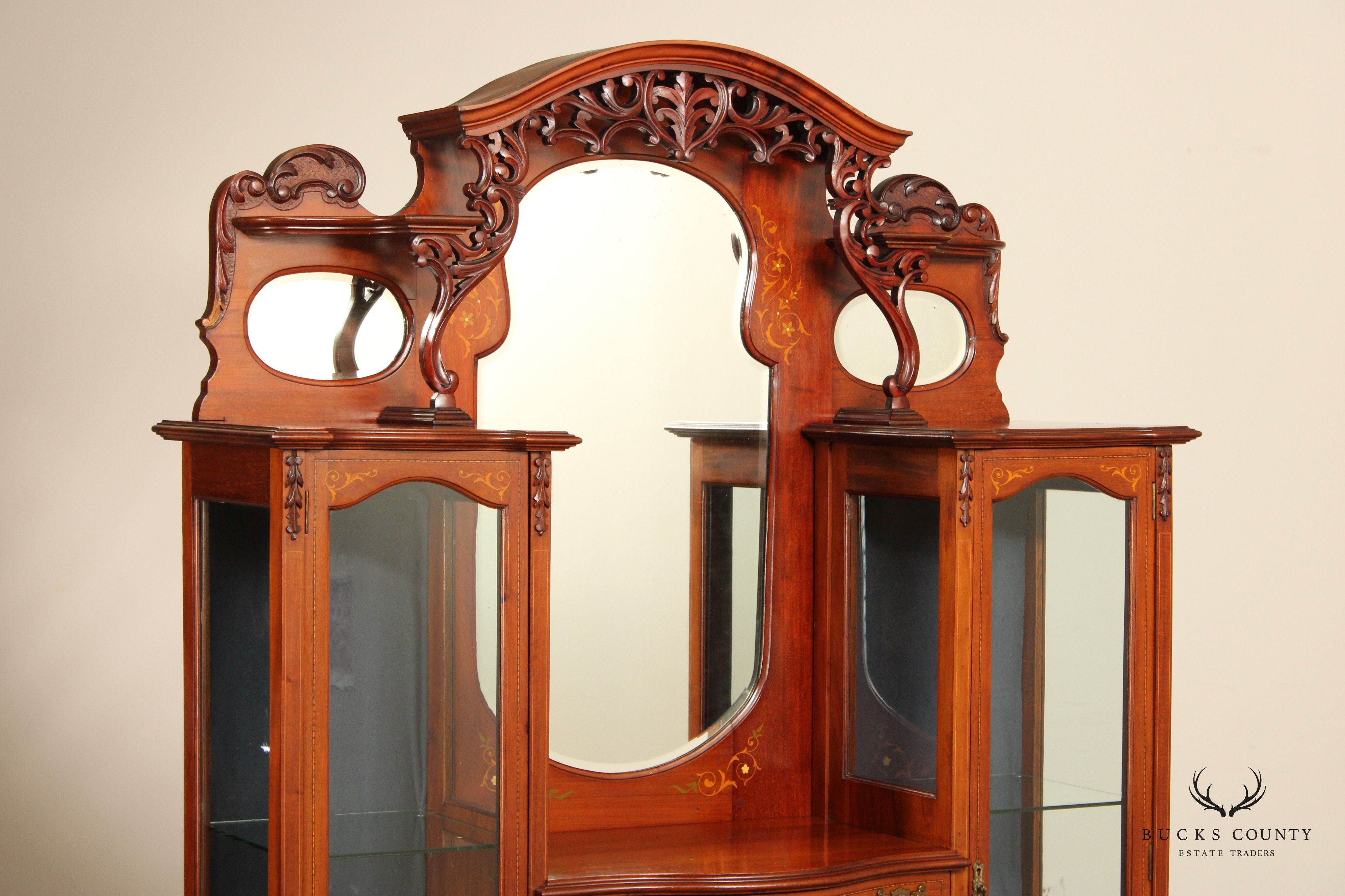 Antique Edwardian Mahogany Carved and Inlaid Double Display Etagere Cabinet