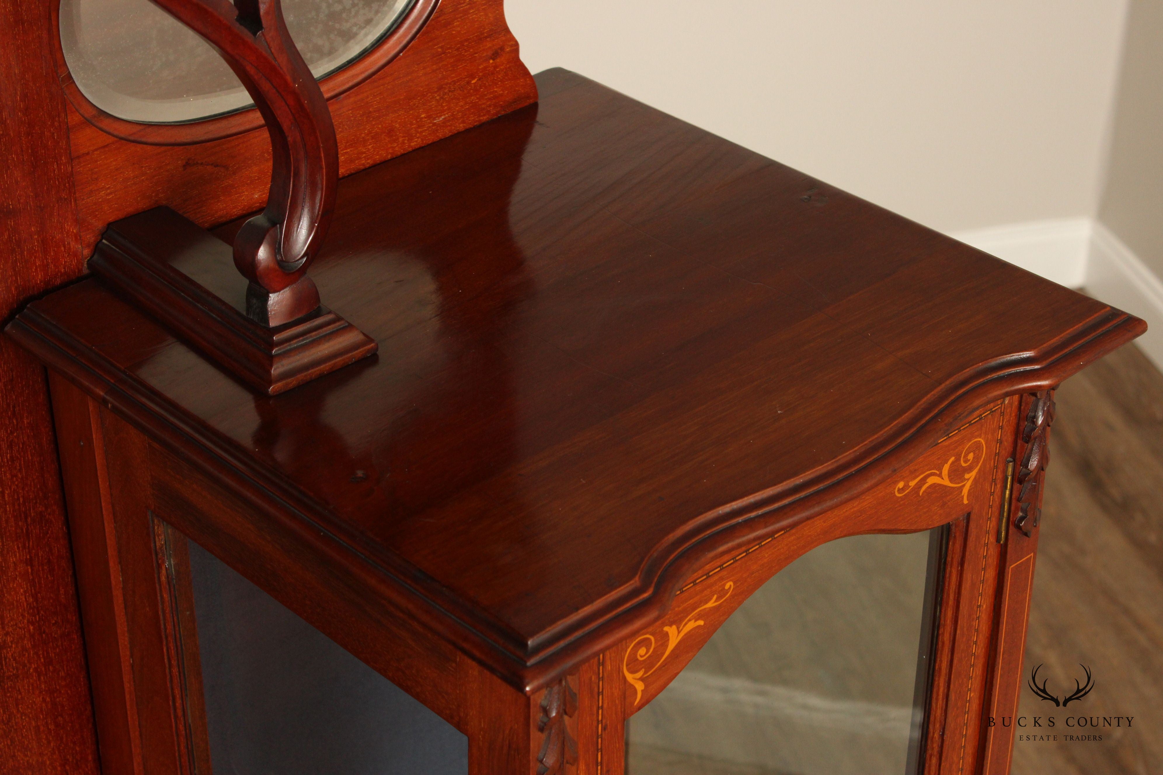 Antique Edwardian Mahogany Carved and Inlaid Double Display Etagere Cabinet