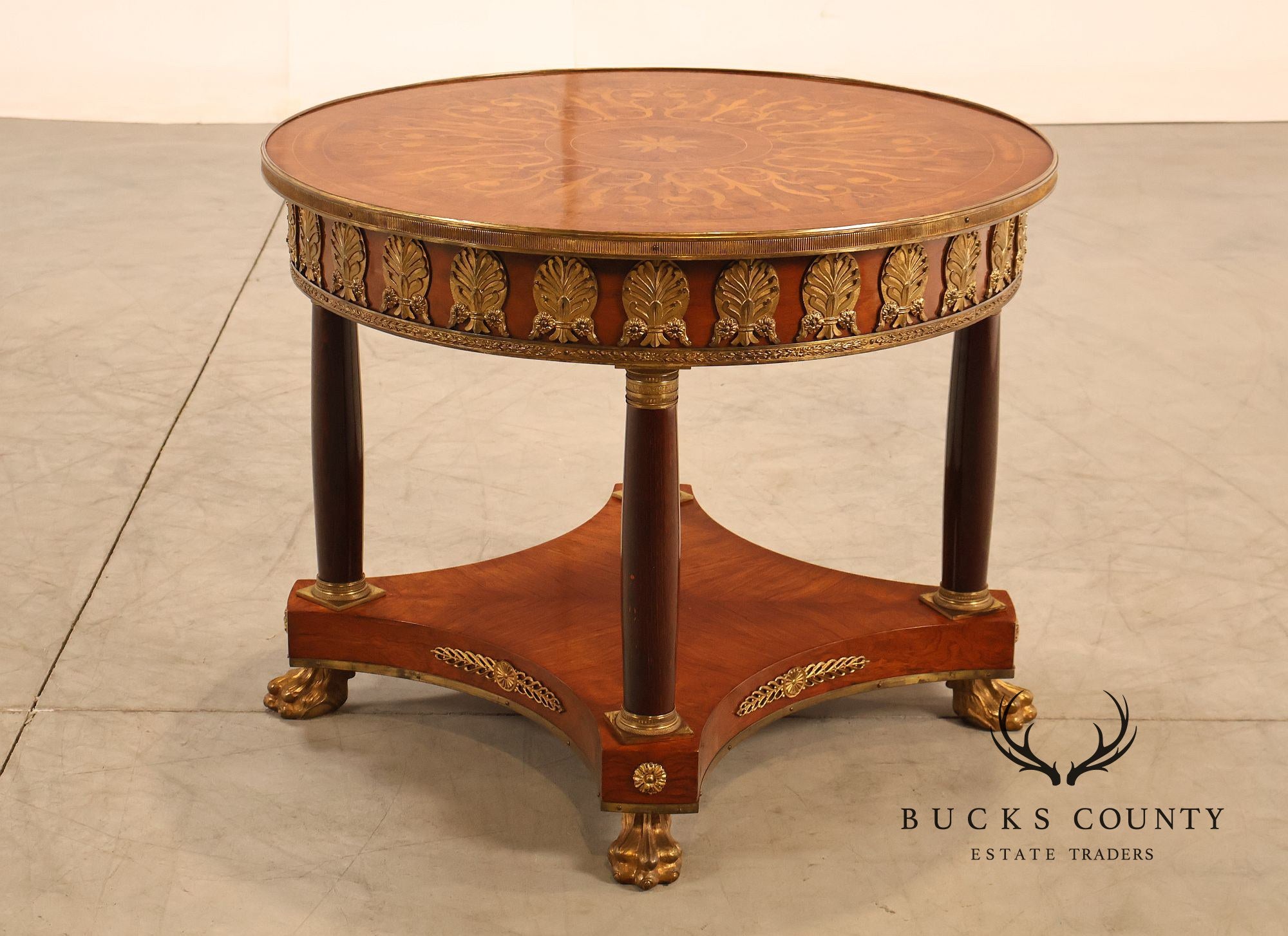 Empire Style Ormolu Mounted Round Marquetry Inlaid Cocktail Table