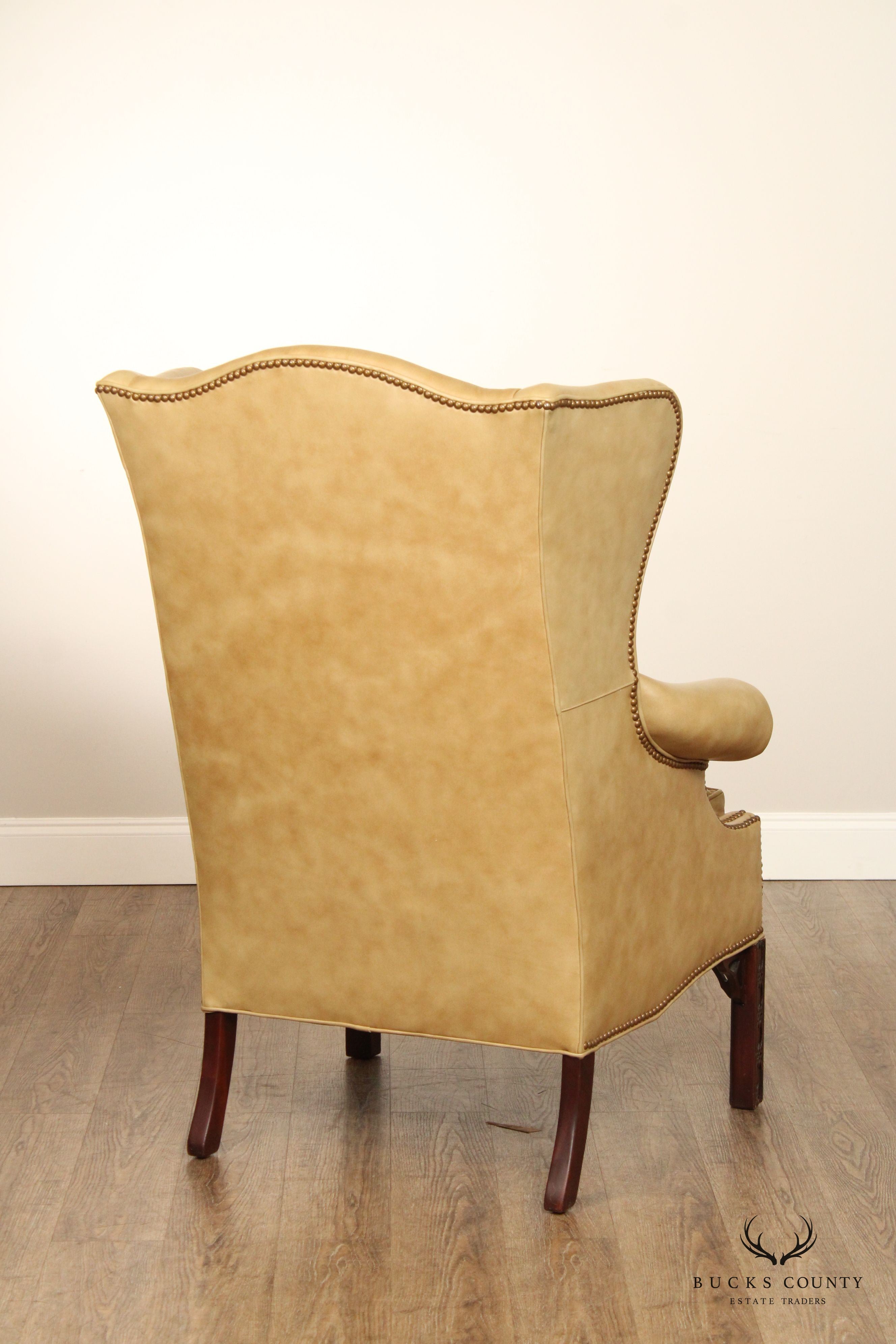 Chippendale Style Tan Leather Wing Chair