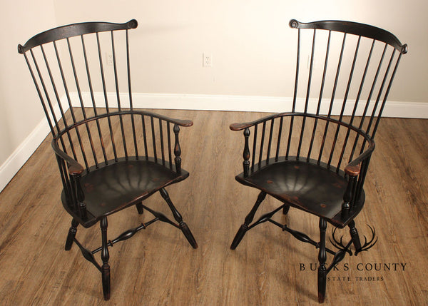 W. Wallick Colonial Custom Quality Pair of Distressed Painted Windsor Chairs