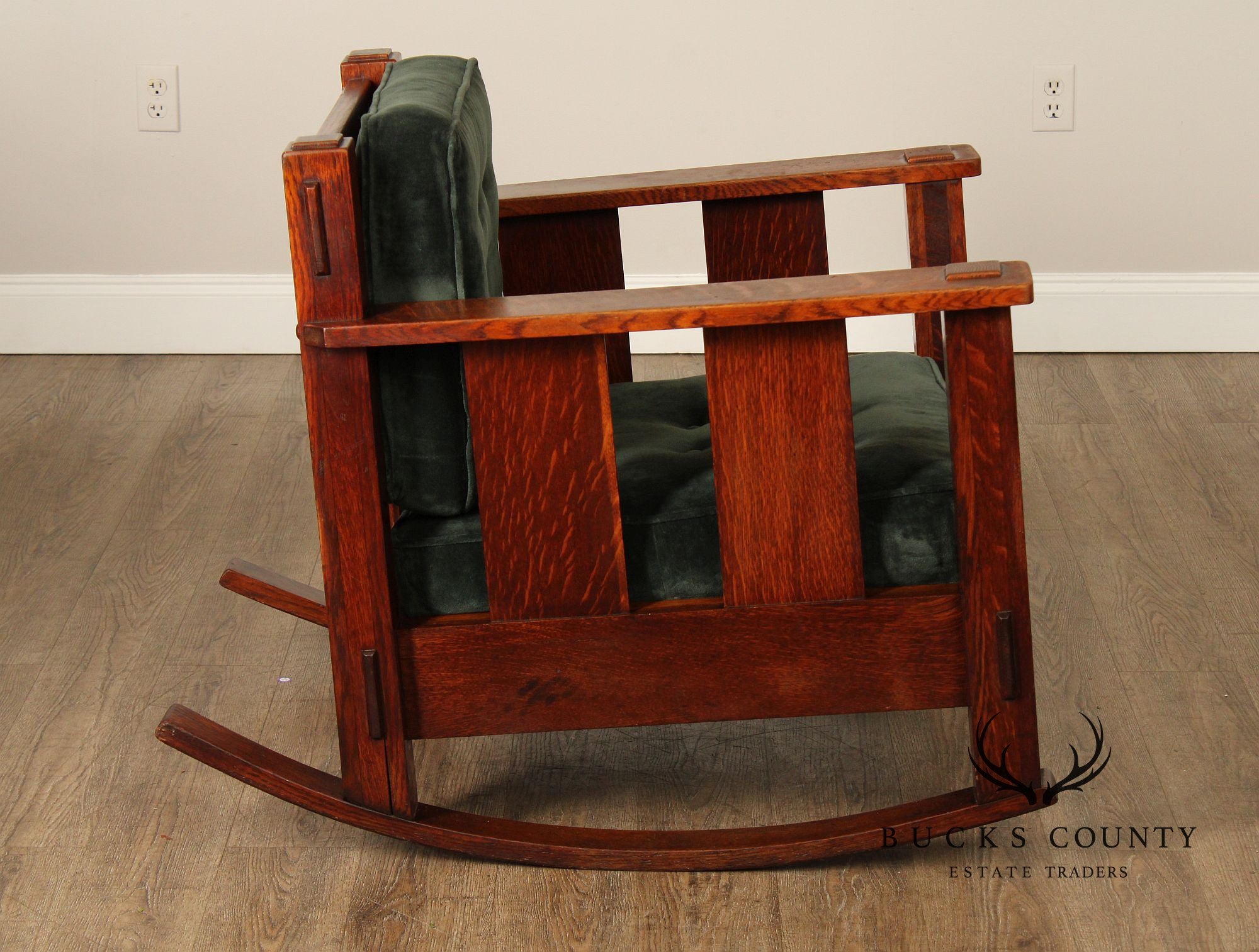Stickley Brothers Antique Oak Arts & Crafts Rocking Chair With Green Upholstered Cushions