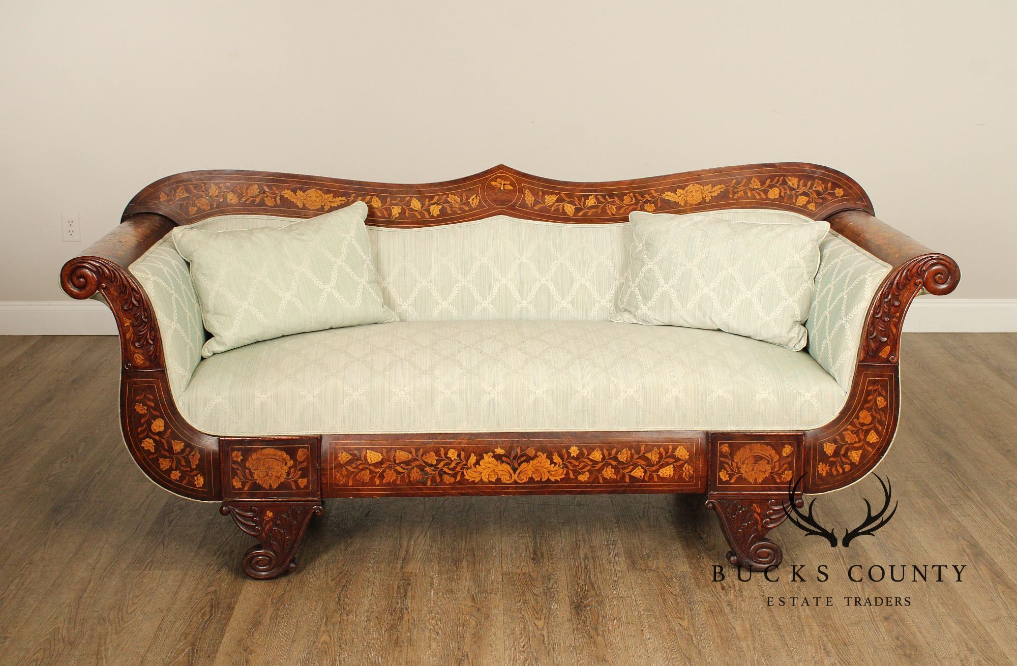 Antique Dutch Marquetry Inlaid Empire Mahogany Sofa