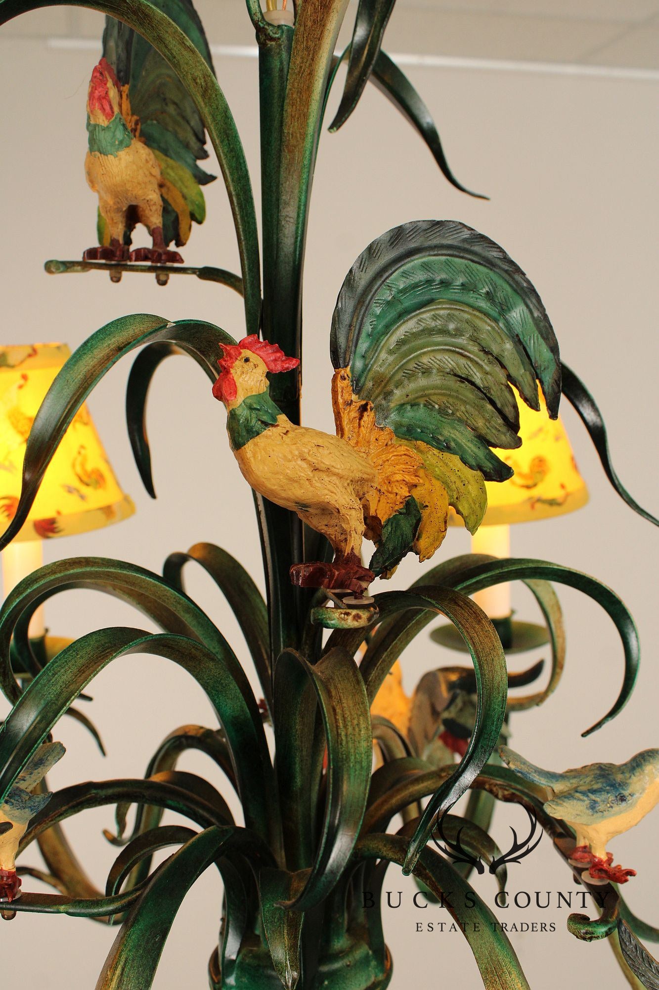 Farmhouse Style Painted Tole Rooster Chandelier