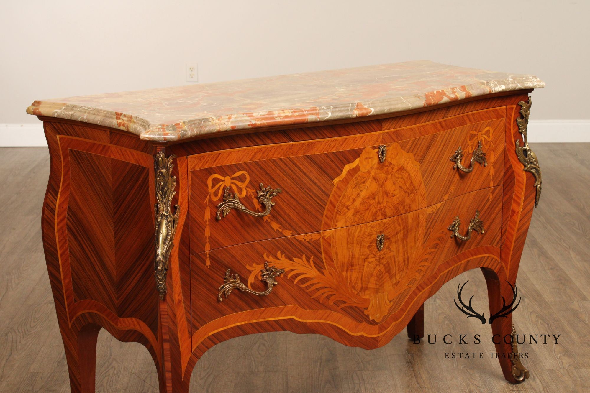 Louis XV Style Pair Of Marquetry Inlaid Marble Top Bombe Commodes