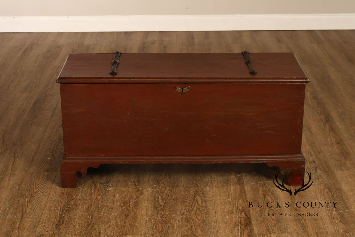 Antique Red Painted Cedar Blanket Chest With Cast Iron Strapping